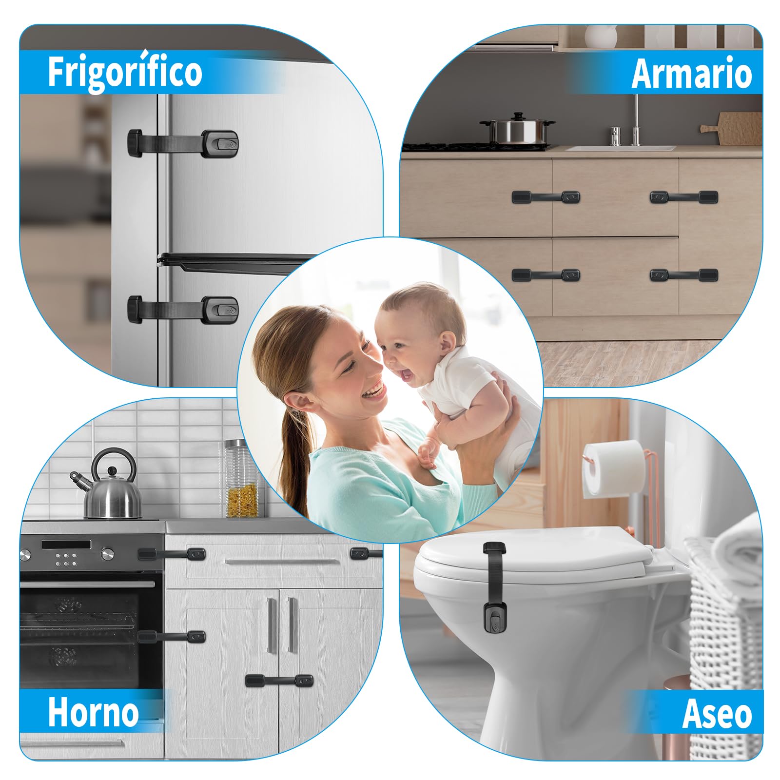 Cerraduras de Seguridad para Niños, 8 Piezas Cierre Seguridad Cajones Bebe con Adhesivo 3M, Bloqueo de Seguridad Bebés para Armarios, Cajones, Refrigeradores No Necesita Taladrar (Negro)
