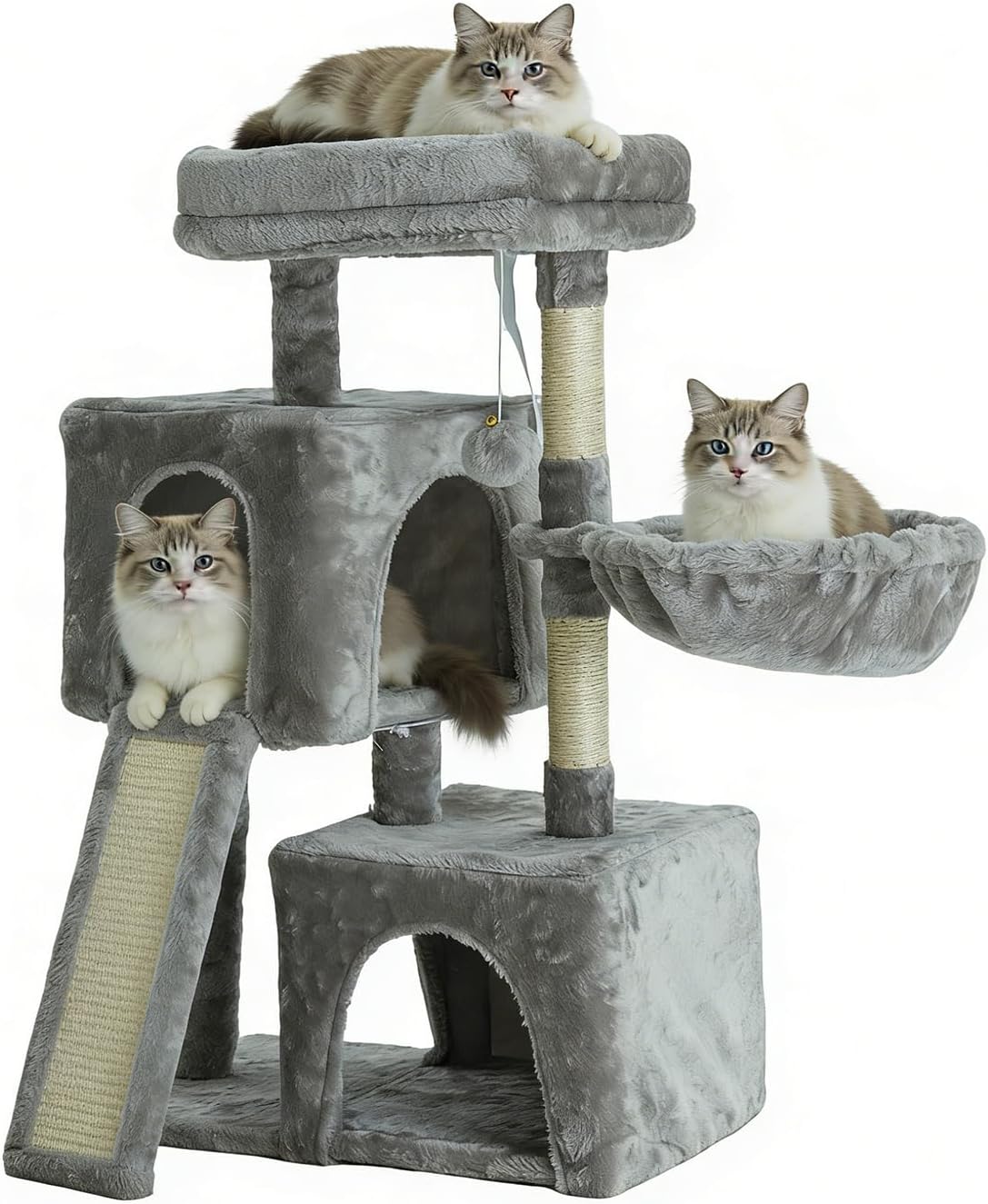 35.8-inch Cat Tree with Double Cat Beds & Hammock, Plush Perch Scratcher with Comfort Sleep Platform and Toy Ball for Indoor Cats (Grey)