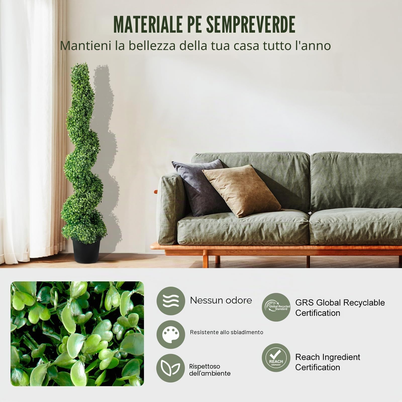 VEVOR Pianta Artificiale in Bosso a Spirale 2 Alberi con Vaso 122 cm Piante Finte in PE Topiaria Decorativa con 10 Foglie di Ricambio per Decorazione Interno Esterno Giardino Terrazzo Balcone Ingresso