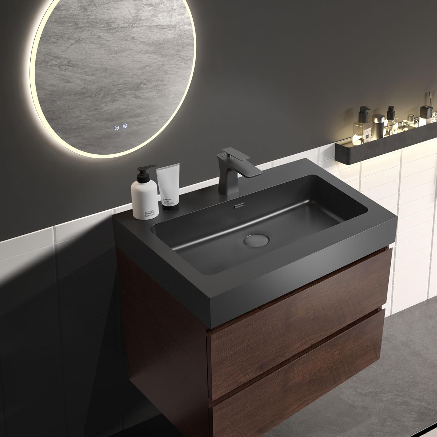 30 Inch Matte Black Vanity Sink – Solid Surface Bathroom Vanity Top with Integrated Sink, Easy-to-Clean Non-Porous Finish for Powder Room or Guest Bath