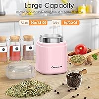 Vista 6 de Molinillo de hierbas y especias, eléctrico de 200 W con hoja de acero inoxidable, cepillo de limpieza, tamaño compacto de 5.11 pulgadas (rosa)