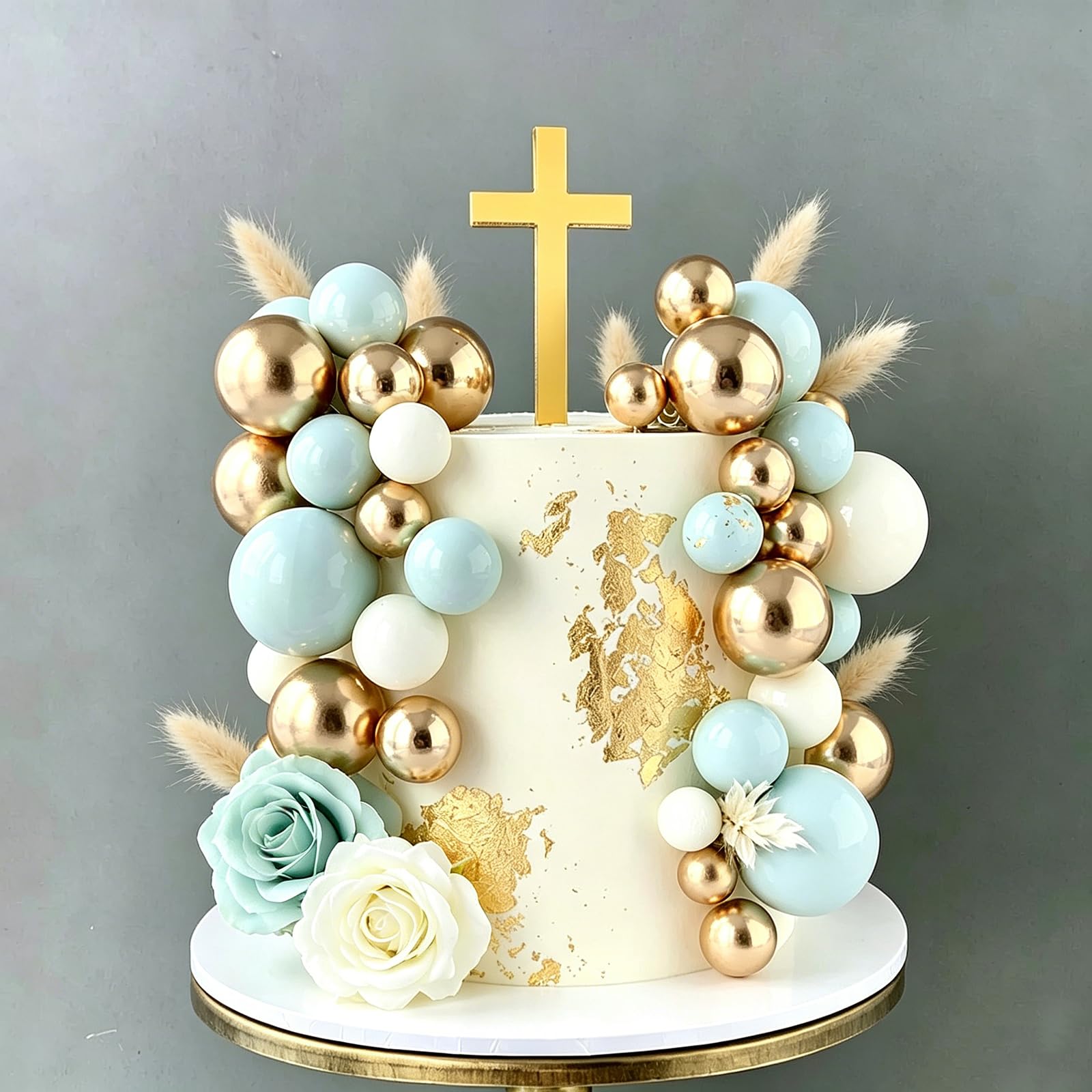 Gold Cross Cake Topper for Baptism, Glod Blue Balls Cake Decorations First Communion & Christening, Acrylic Mirror Decor - 3.94 Inch Holy Cross for Baby Shower, Wedding Cakes