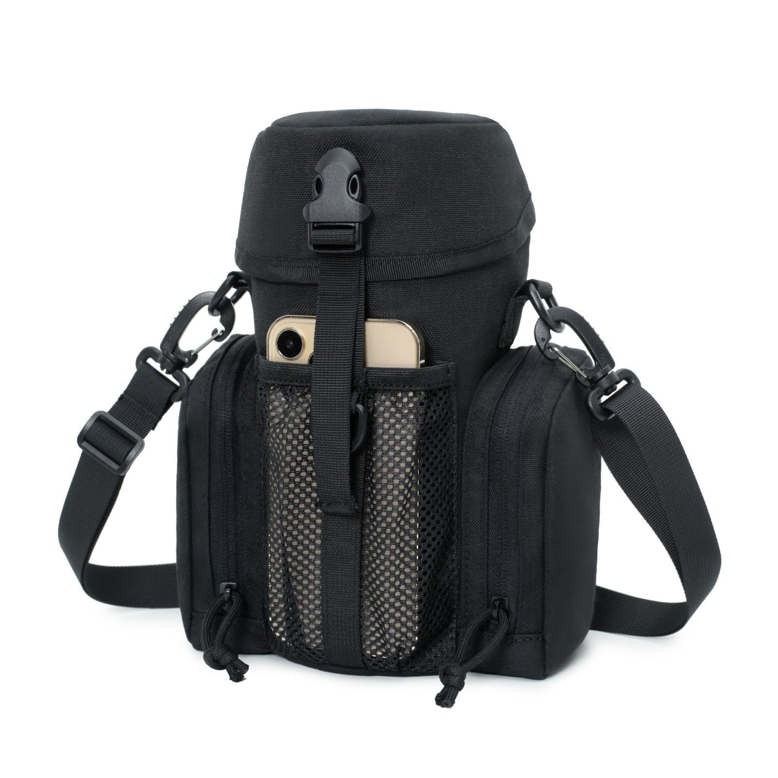 Gexgune Molle Water Bottle Pouch for 64 oz Wide Mouth Bottles - Military Grade Hydration Carrier with Adjustable Shoulder Strap, 2 Zipper Pockets & Front Mesh Pocket (Black)