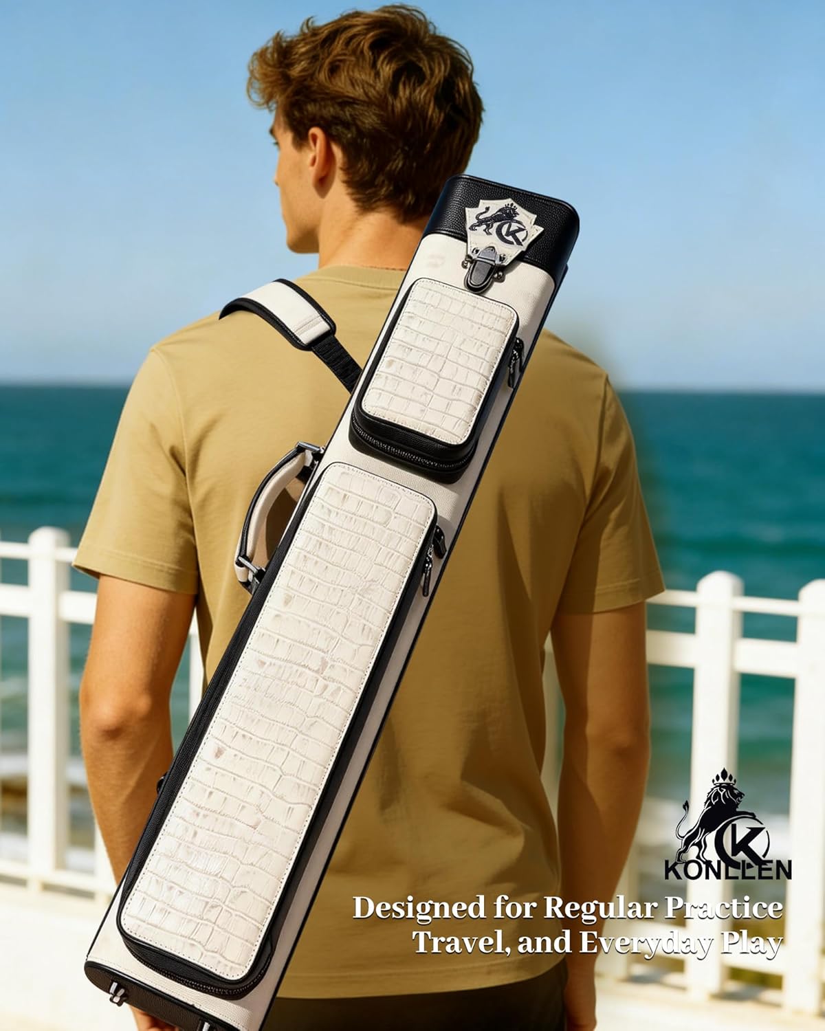 KONLLEN 2x4 Leather Pool Cue Case, Genuine Cowhide Billiards Cue Stick Case with Multi-Pockets & Adjustable Shoulder Strap, Heavy Duty Cue Carrier