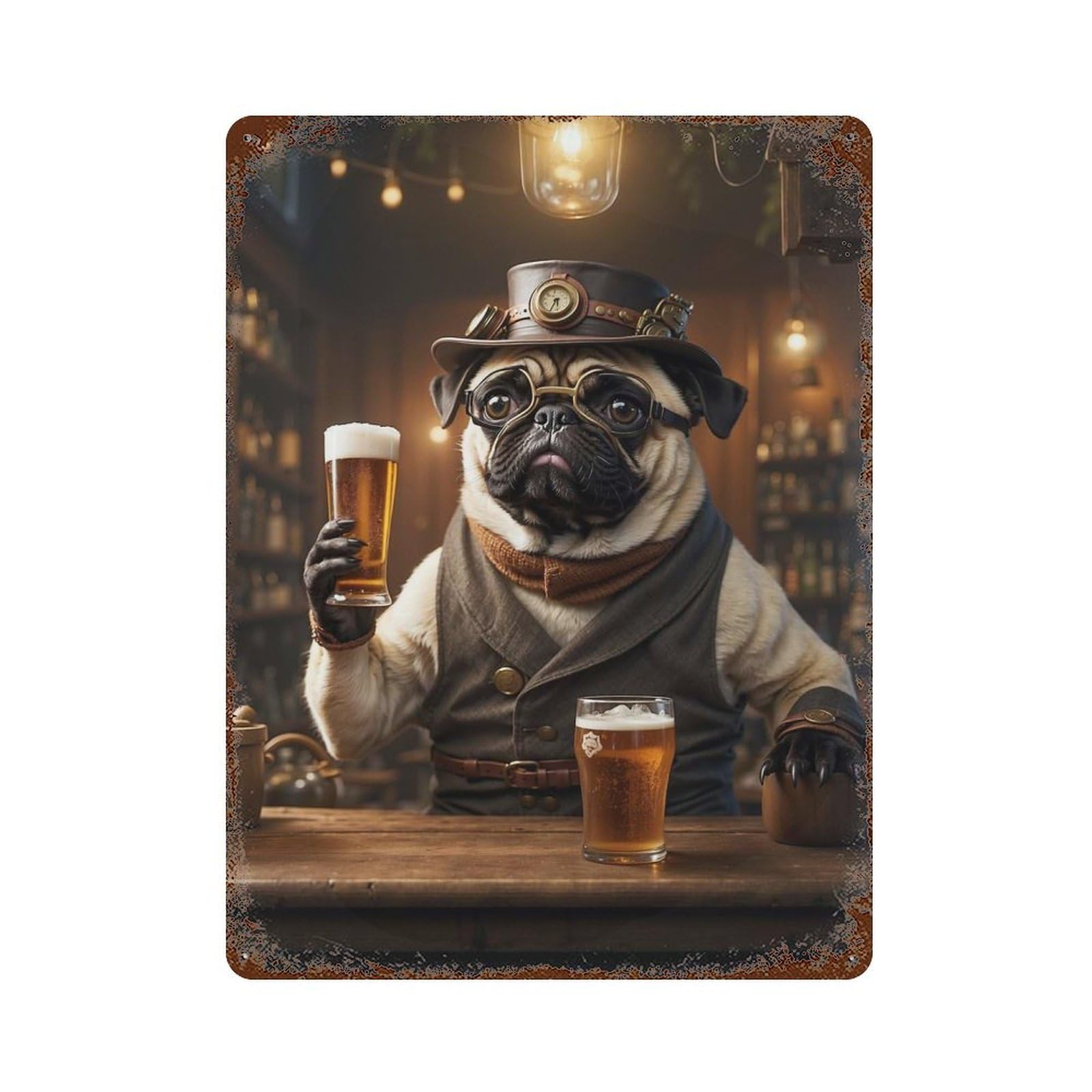Steampunk Craft Beer Pug Decorative Tin Sign 15.7"x11.8", Farmhouse Wall Decor for Living Room, Hallway And Home Decor