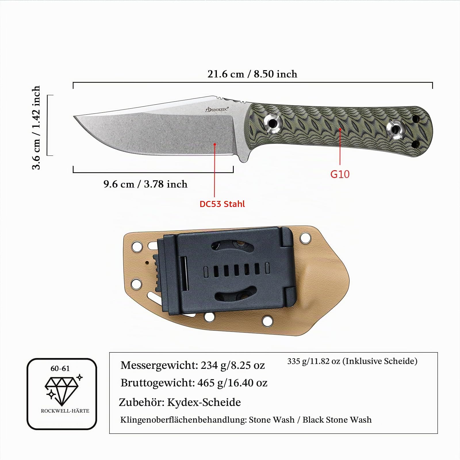 Outdoor Messer feststehende Klinge aus DC53 Stahl gefertigt G10 Griff mit Kydex Scheide Jagdmesser für Männer EDC Outdoor Camping Survival (Weiß+Grün)