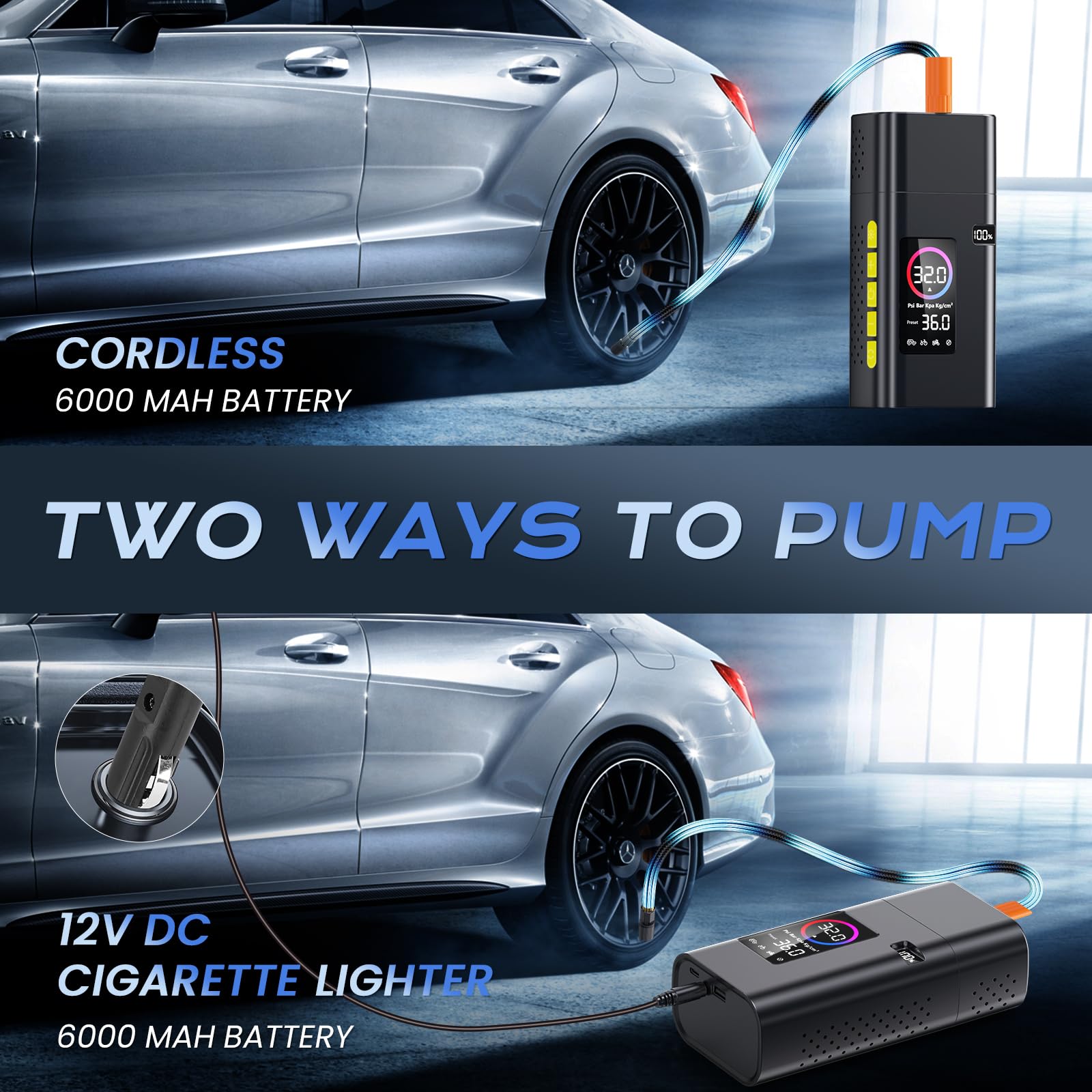 Compresor de aire portátil de inflador de neumáticos de 180 psi, bomba de aire de 26000 mAh para neumáticos de coche, 5 bombas rápidas de bicicleta con medidor de presión digital Lcd / luz LED/banco