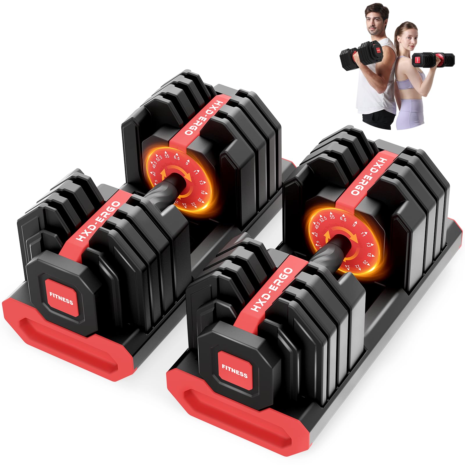 HXD-ERGO HXD-ERGO 15 in 1 Adjustable Dumbbell Weight, 1-Second Quick Change Weights, 55/110 LBS Free Weights with Anti-Slip Grip & Secure Lock, Space-Saving Home Gym Equipment for Men Women Full Body Workout (Pair, 110LBS)