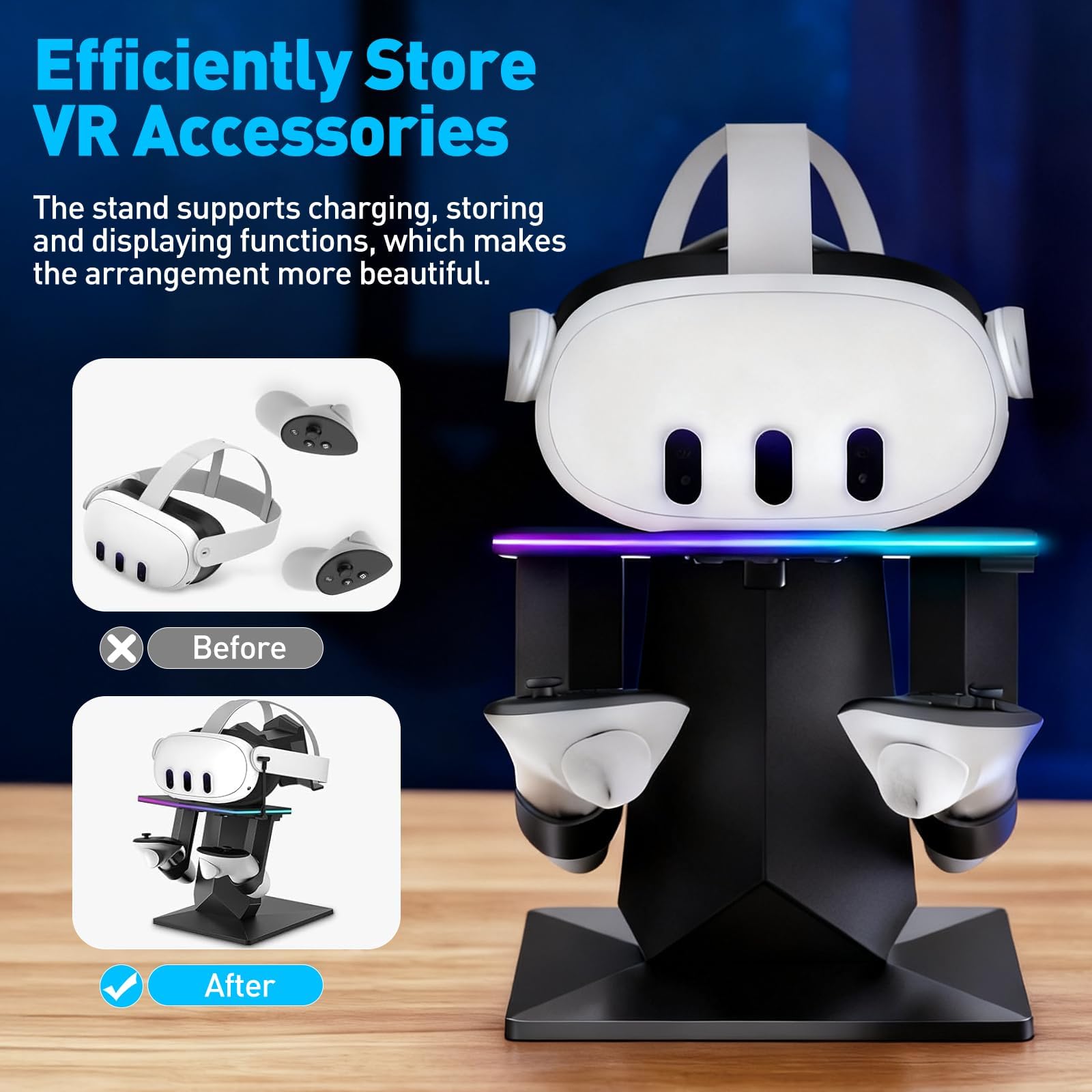 Station de charge pour Meta Quest 3S, Quest 3, 2 ou Pro, support vertical de charge RVB, accessoires avec réglage de la luminosité et réglage de 14 effets de lumière, port de charge de type C
