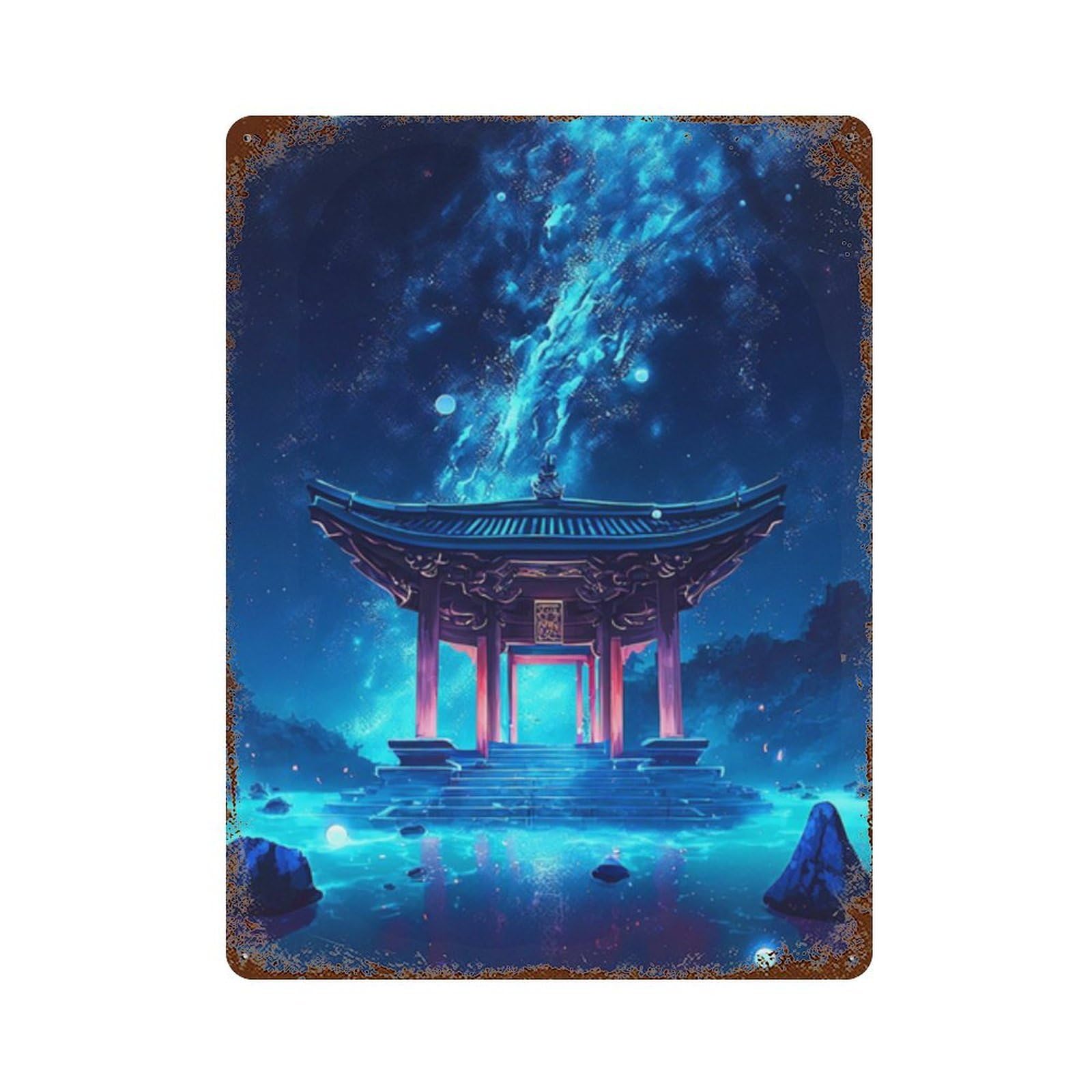 Vintage Metal Tin Sign Magical Asian Pavilion Night Scene 15.7"x11.8", Classic Wall Plaque for Pub, Kitchen And Man Cave Decor