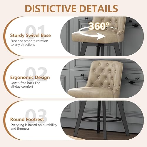 Miniatura 5 de MINCETA Juego de 2 taburetes de bar de piel sintética, taburetes tapizados de 26 pulgadas con respaldo bajo y reposapiés, taburetes de bar