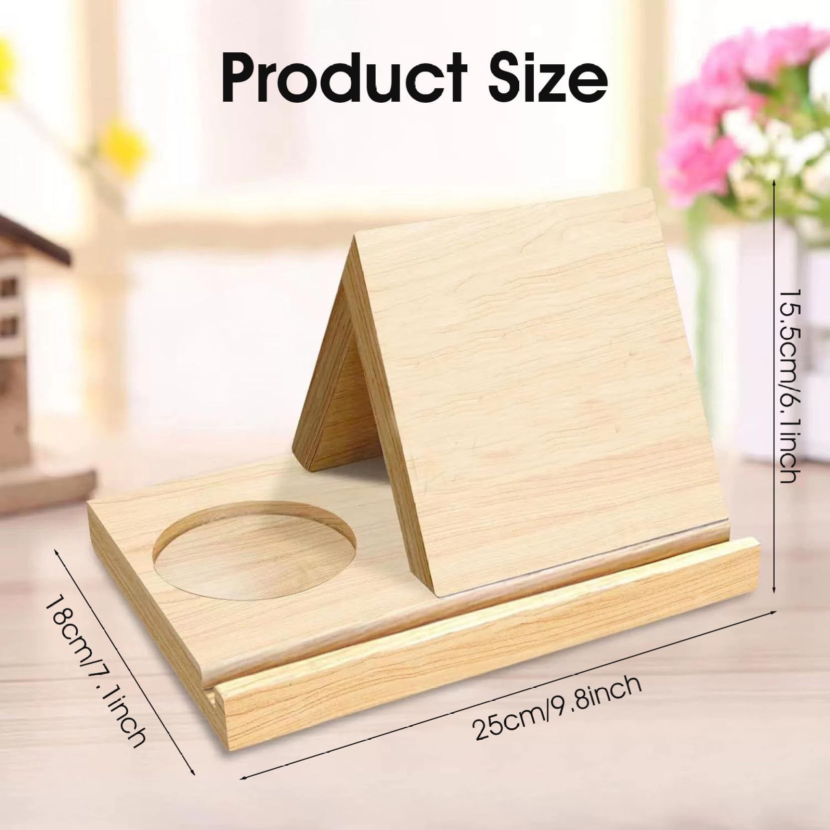 Support de livre triangulaire, repose-livre en bois pour lire avec porte-gobelet et support de téléphone intégrés, organisateur bureau multifonctionnel pour livres, tablette et tasse à café, trian