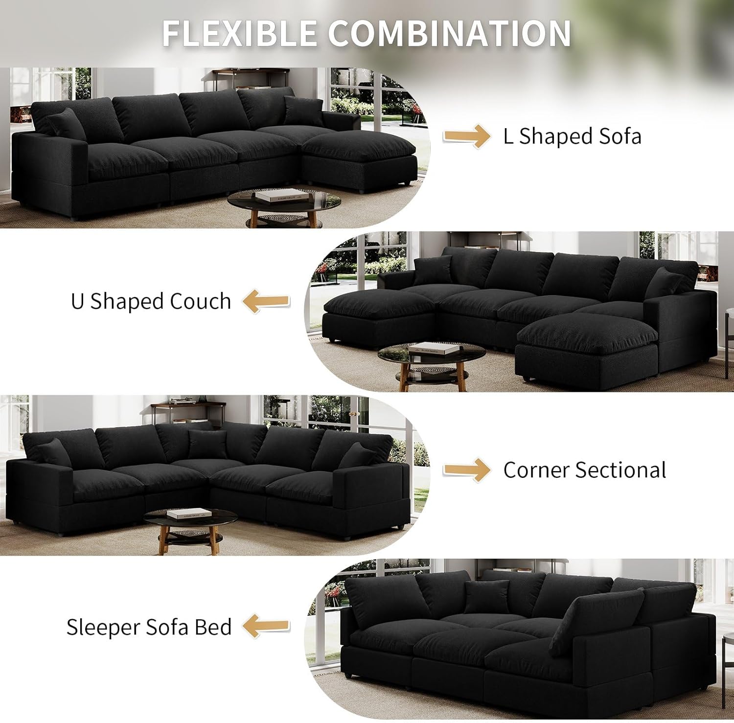 Modern Sectional Linen Couch for Living Room U-Shape Sofas,6 Seat Modular Cloud Sofas,Couches Cushion Covers Removable,Cozy Feather Down Sofa for Apartment Black