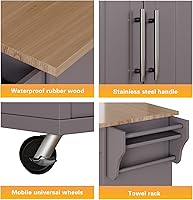 Vista 3 de Isla de cocina con almacenamiento, isla de cocina rodante de 31 pulgadas con ruedas con encimera de madera maciza, carrito de cocina con gabinete