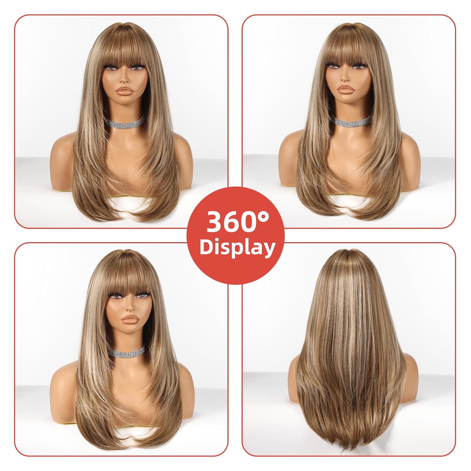 Allbell Highlight Light Brown Wigs for Women Long Straight layered Wig With Bangs 22 inch Natural Looking Wig Synthetic Heat Resistant Fiber for Daily Party Use