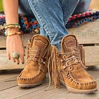 Women's Tassel Bootie Fringe Moccasins Ankle Boots, Suede Retro Ankle Boots, Luxury Matte Short Booties, Flat Short Boots,F-41(EU)