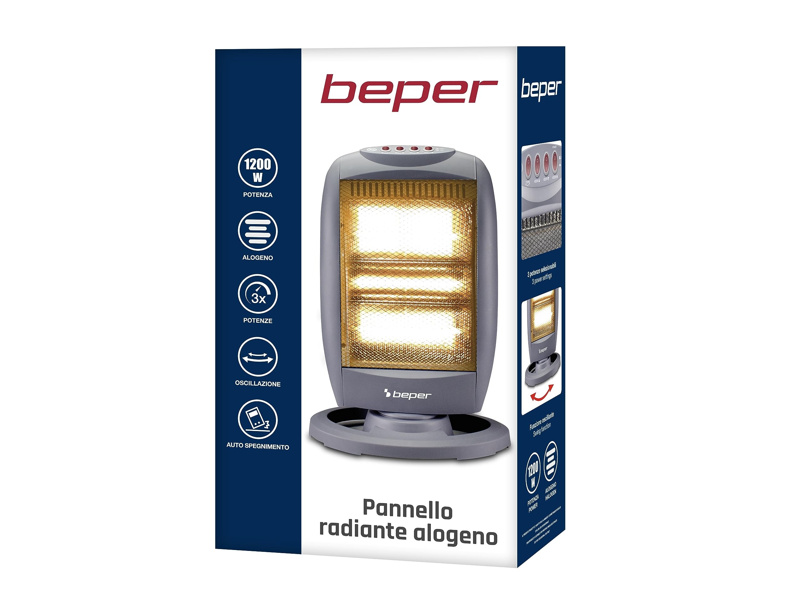 BEPER P203PAN011 Panneau radiant halogène, 400/800/1200W, 3 Eléments chauffants, 3 Niveaux de puissance, Oscillation horizontale automatique, Fonction ECO et Arrêt automatique, Gris
