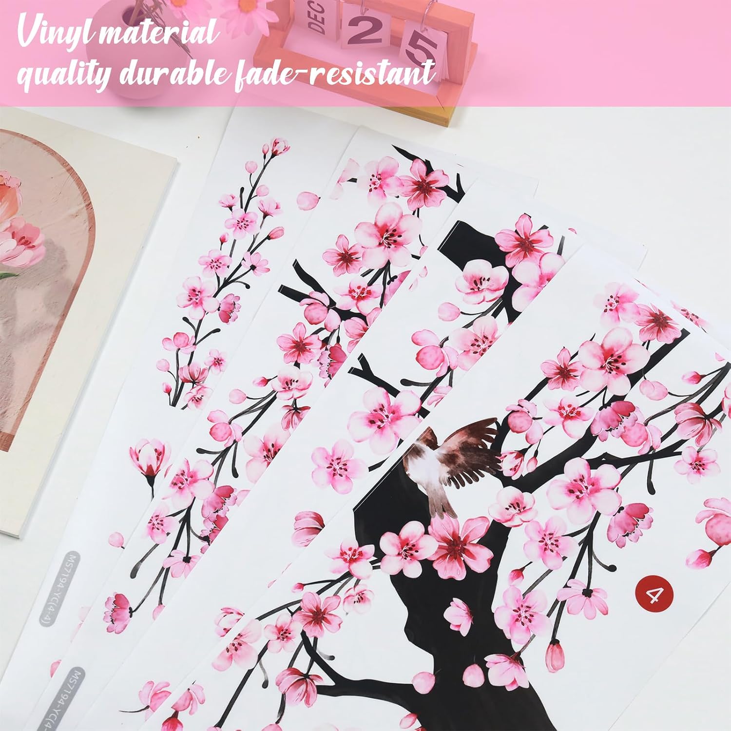 Lilac Wall Decoration Large Cherry Blossom Tree Wall Stickers, 4 Sheets Spring Pink Flower Bird Wall Decals Peel and Stick Wall Murals Decor for Living Room Bedroom (Pink, 11.8 * 35.4inch)