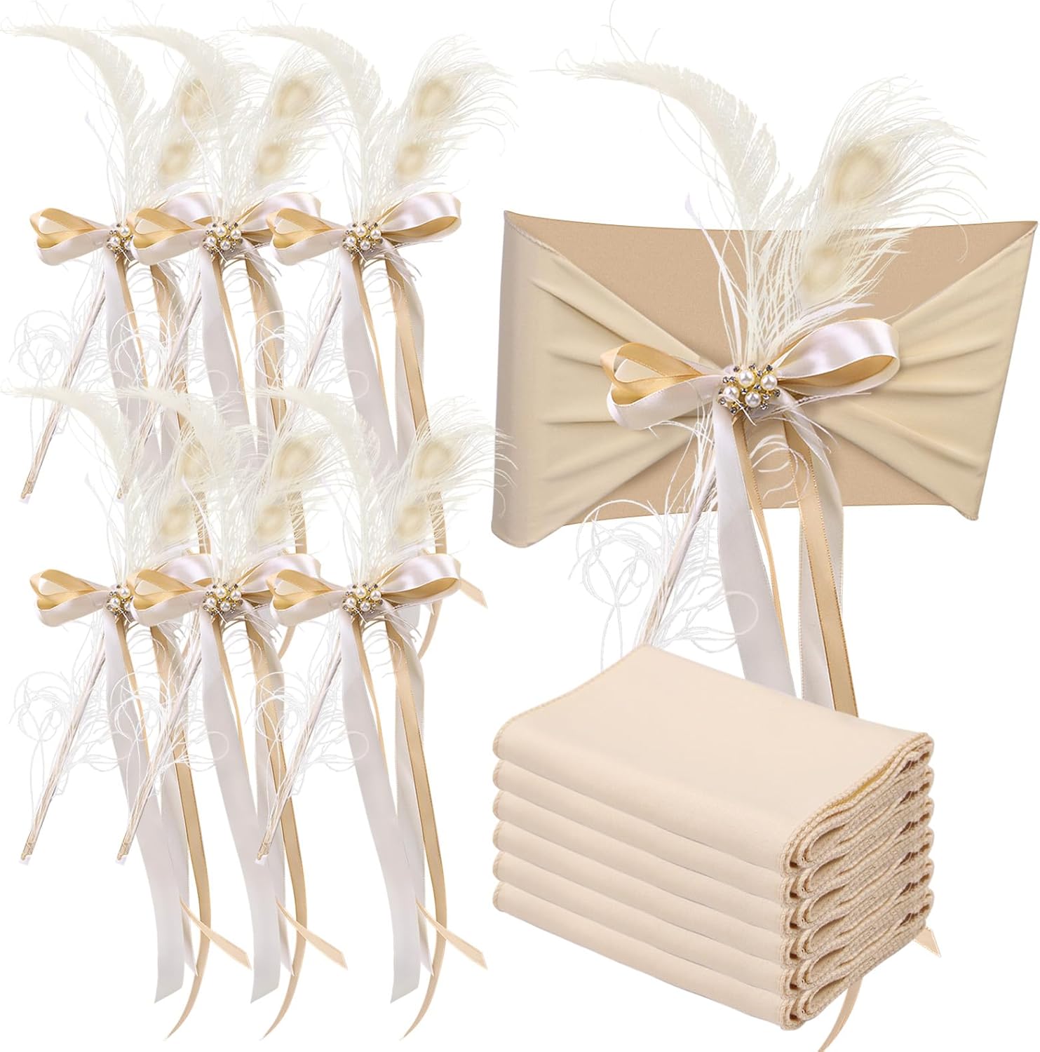 Vijiv Peacock Feather Chair Sashes Set of 6, Champagne Universal Stretch Chair Covers Bands Ties with Crystal Pearl Ribbon for Wedding Party Ceremony Reception Event Banquet Chair Cover Decoration