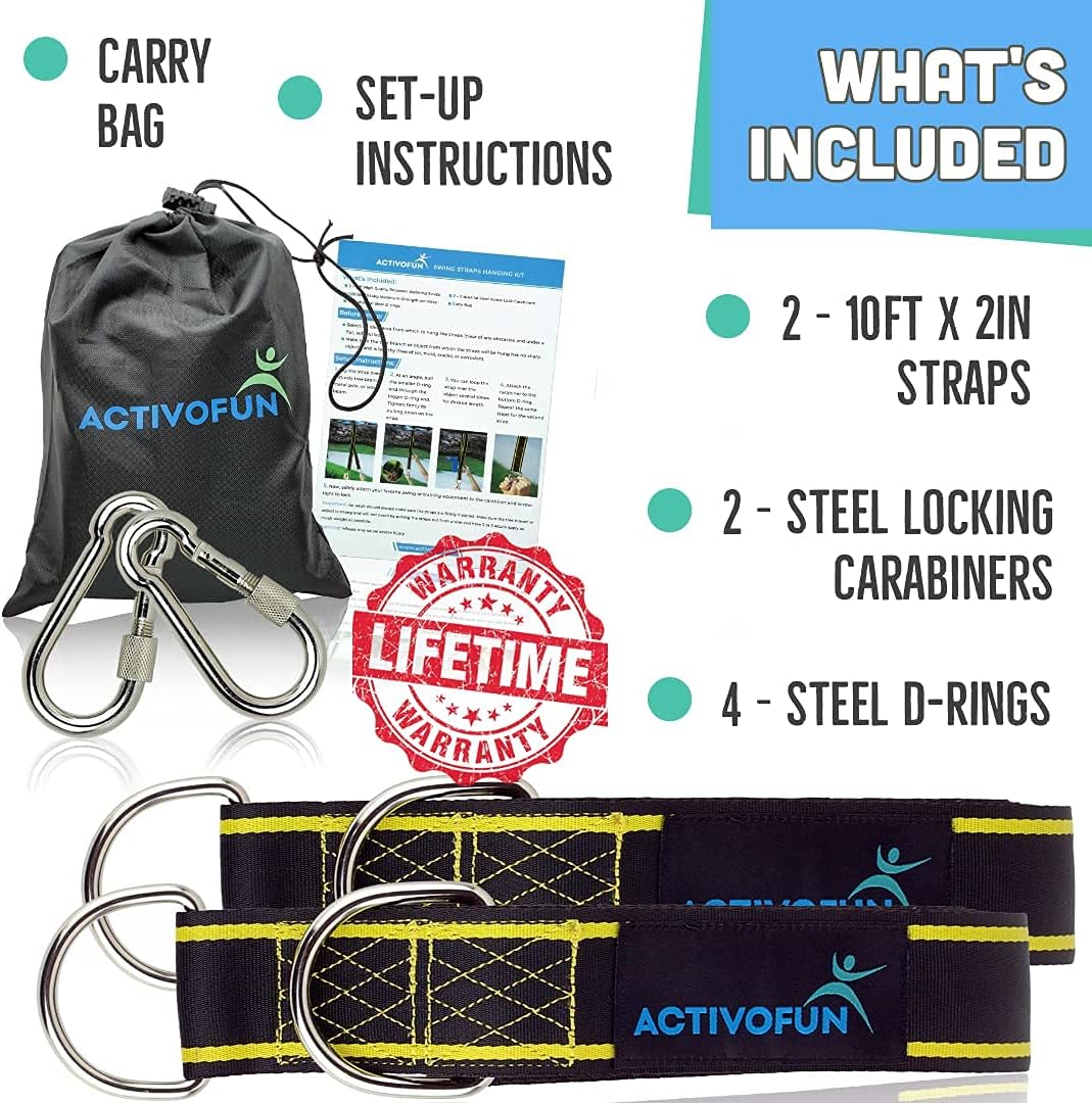 Tree Swing Strap Hanging Kit 10Ft | Easy to Use, 2 Tree Swing Hanging Straps for Tree Branch, Snap Carabiners, Holds 2800Lbs | Premium Quality Hammock Tree Strap for Swing, Safer Tree Swing Rope Kit : Patio, Lawn & Garden