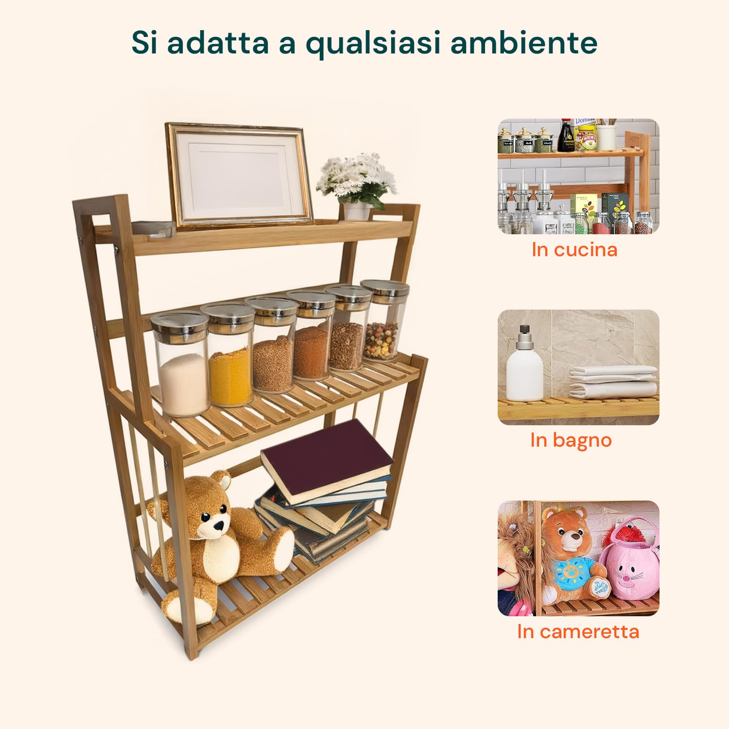 Avilia Scaffale Bambù 3 Ripiani 42x18x53cm – Organizer Multiuso Salvaspazio, Capacità 20kg – Scaffale Stabile ed Ecologico, Facile da Montare – per Bagno, Cucina o Ufficio