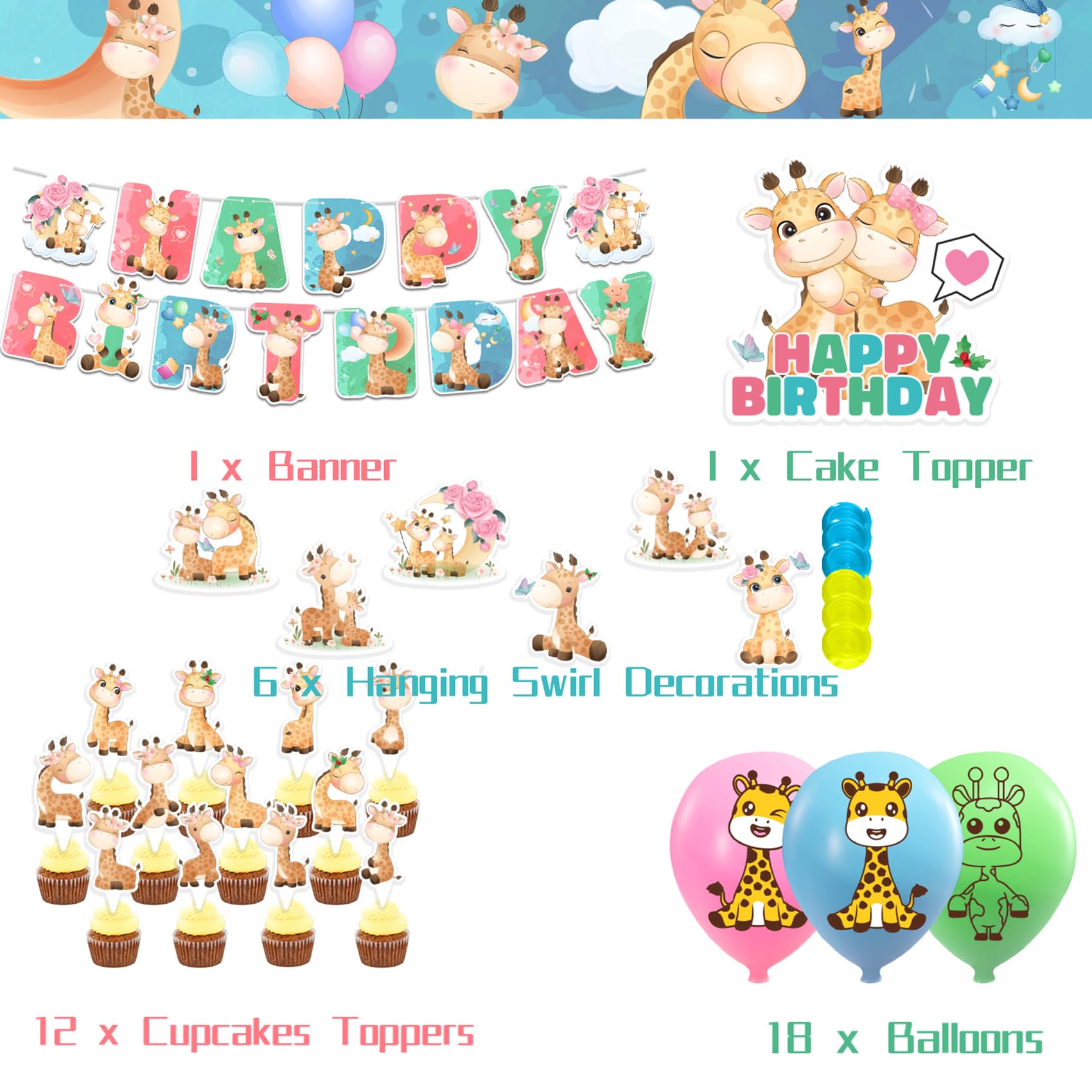 HDGSAFD - Kit Déco Anniversaire Girafe - 2 Ballons Girafe + 1 Guirlande Joyeux Anniversaire + 20 Ballons 12 Pouces - Thème Jungle