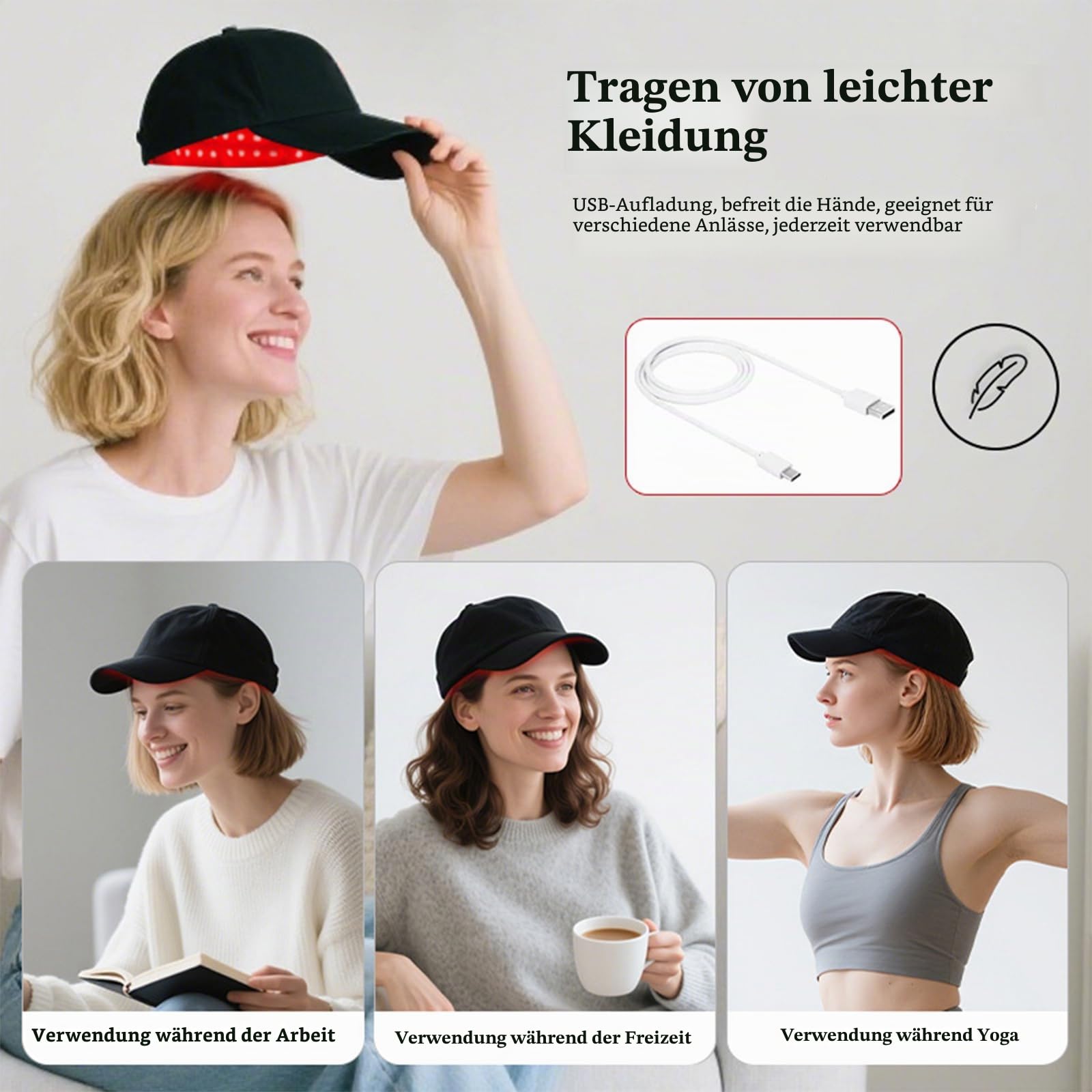 GOURIXIN Laser Cap Rotes Licht Therapie Cap für Haarwachstum, Rotlichtlampe Haare Anti-Haarausfall, 300 LED-Lampenperlen Therapiekappe 660nm 850nm, mit USB Aufladung und Abnehmbarem Panel