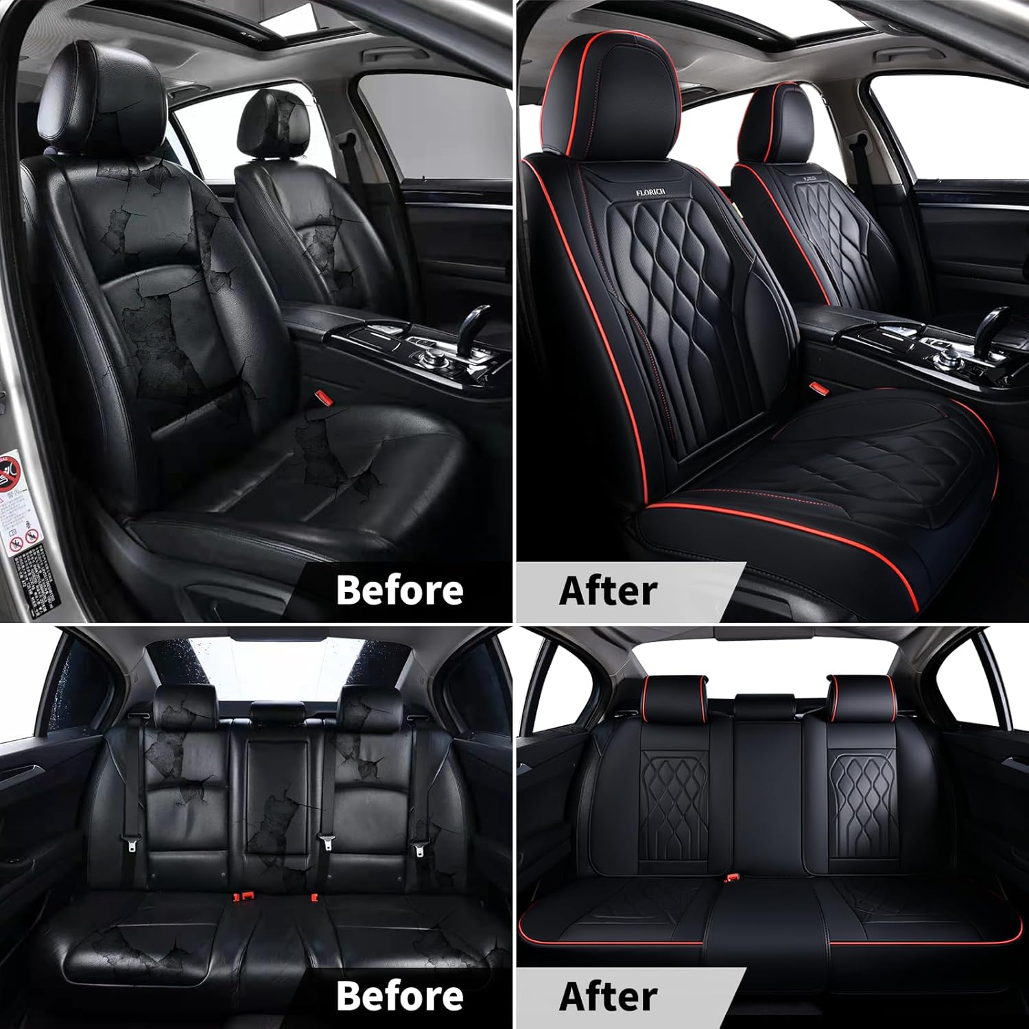 FLORICH Car Seat Covers Front Seat Covers Waterproof Leather Car Seat Protector Universal Fit Most Automotive, SUV, Truck (Black Seat Covers with Red Stitching, 2 Front Set)