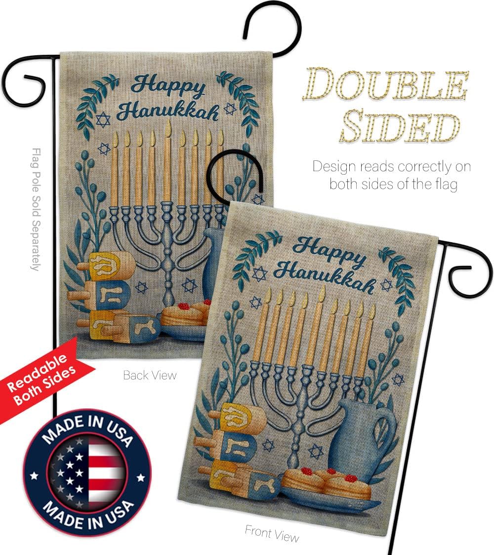 Happy Hanukkah Set Wall Holder Winter Candle Bonsai Menorah Jewish Chanukah David House Decoration Banner Small Yard Gift Double-Sided, Garden Flag 13"x 18.5", Thick Burlap