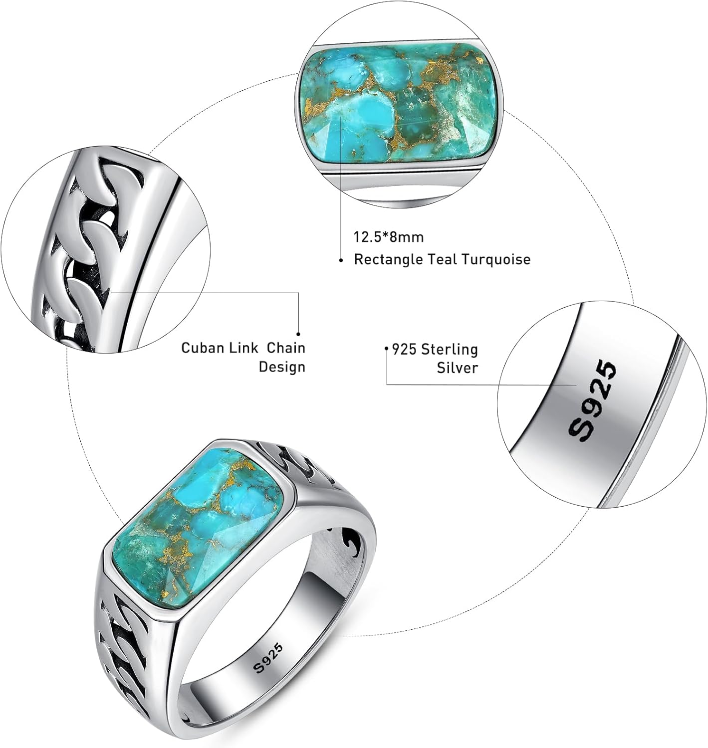 5ct 925 Sterling Silver Mens Teal Turquoise/Synthetic Black Onyx Rings Rectangle-Cut Handmade Mens Cuban Link Ring Anillos de Hombre for Birthday Jewelry Gift Band Width 4.8mm Size 8-12 - Image 4