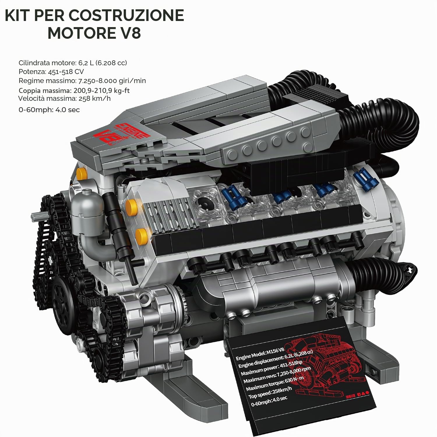 Mavo brix Kit modello di motore V8 funzionante, set da costruzione MOC da collezione con motore, decorazione per la casa e l'ufficio, bambini dai 14 anni in su e adulti, 931 pezzi