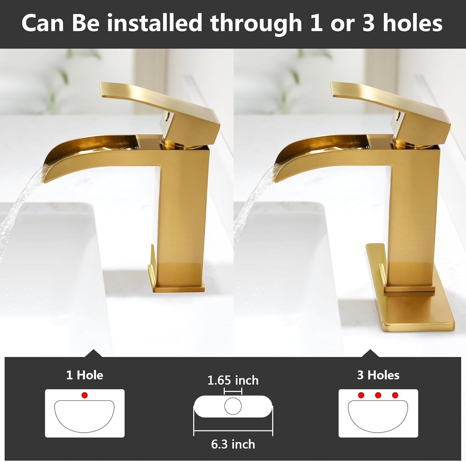 Waterfall Bathroom Faucet Gold - Single Handle Sink Faucets Bathroom 1 Hole Or 3 Hole for 4In | Modern Solid Vanity Faucet with Deck Plate & Overflow Pop Up Drain Brushed Gold