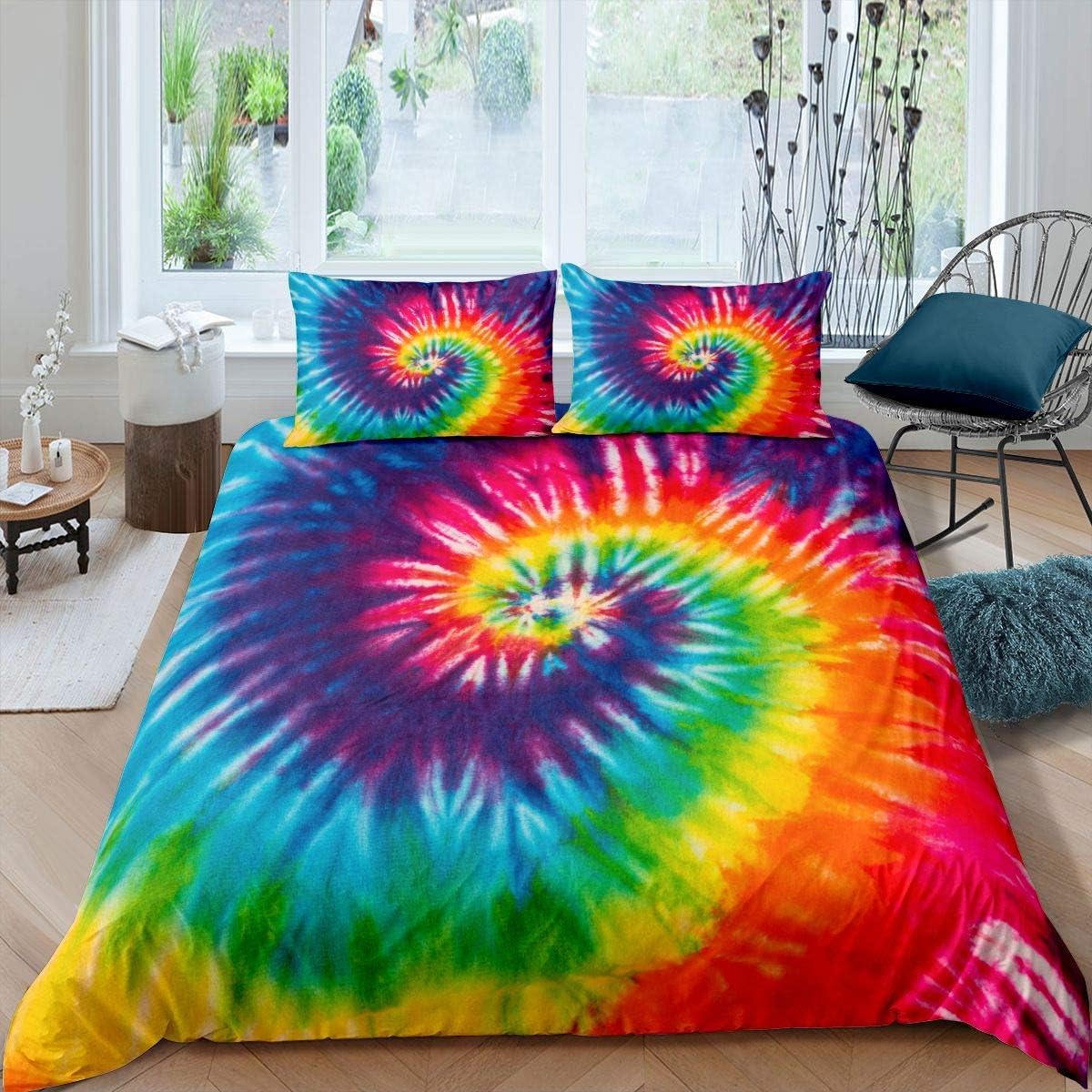 richhome Tie & Dye Bedding Set King Size Kids Girls Bohemian Triple Swirl Comforter Cover Super Soft Bright Rainbow Duvet Cover Set Women Bedroom Decoration