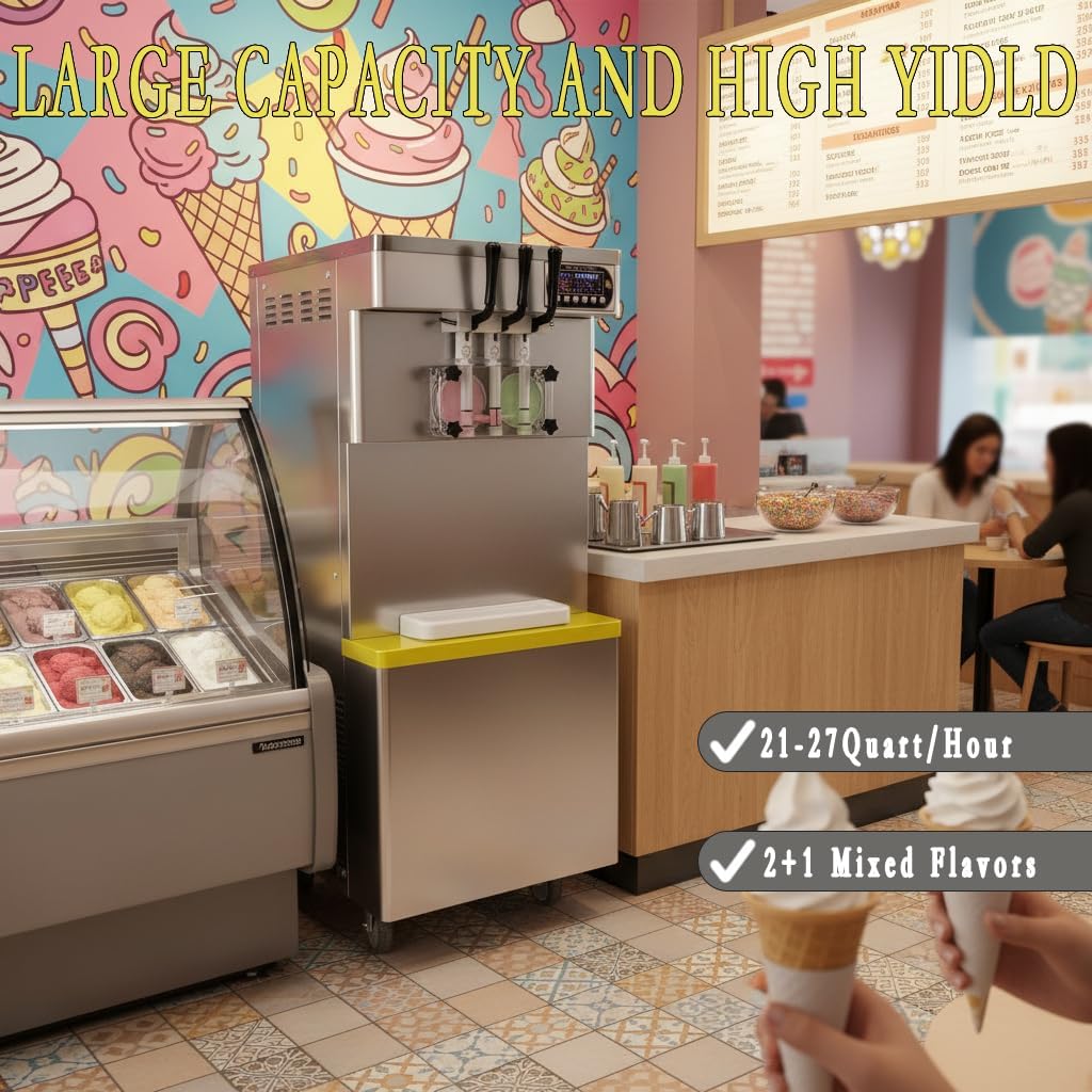 Commercial 3 Flavors Soft Serve Ice Cream Maker,21-27Quart/Hour Ice Cream Machine,Yogurt Ice Cream Maker,Upper Tanks Refrigerated,Auto Counting,Transparent Dispensers,For Restaurant Snack Bar