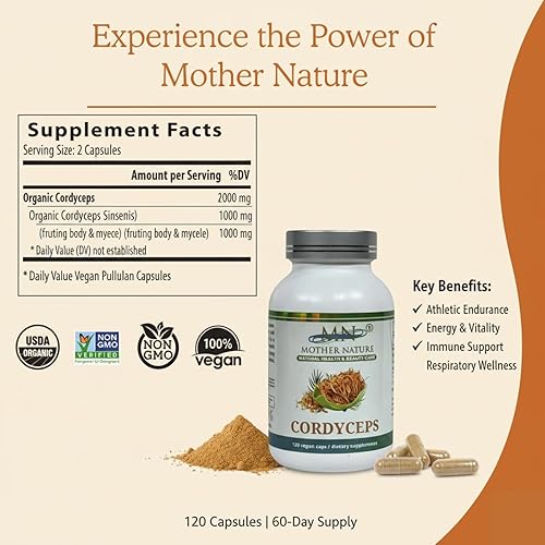 Miniatura 8 de MN Mother Nature Cordyceps Suplemento (1000mg) - 120 Cápsulas