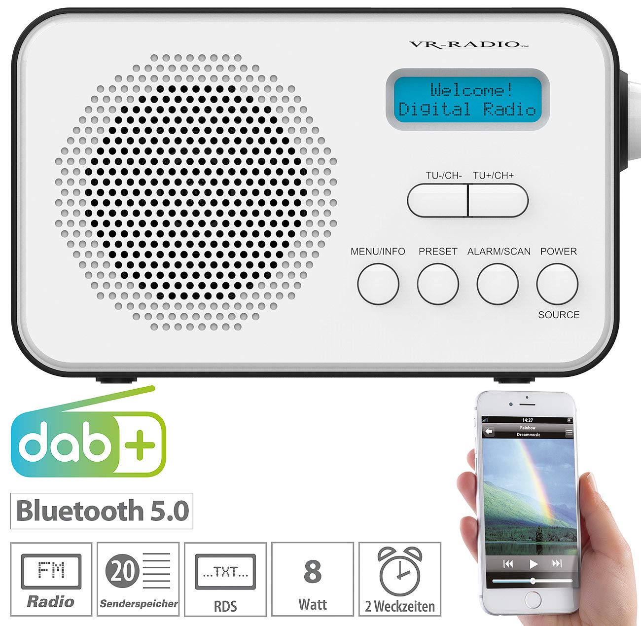 VR-Radio Kleines Radio: Mobiles Akku-Digitalradio mit DAB+ & FM, Wecker, Bluetooth 5, 8 Watt (DAB mobil, DAB+ mit und Akku, Bluetooth, Plus)