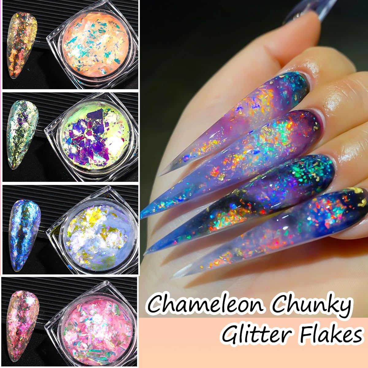 Chameleon Nail Glitter Flakes,6 Colors Ice Transparent Aurora Opal Sequins Chrome Iridescent Pigment Nail Art Paillettes Kits, Ultra-Thin Mermaid Nail Chunky Glitter for Nails Art Decoration DIY Craft