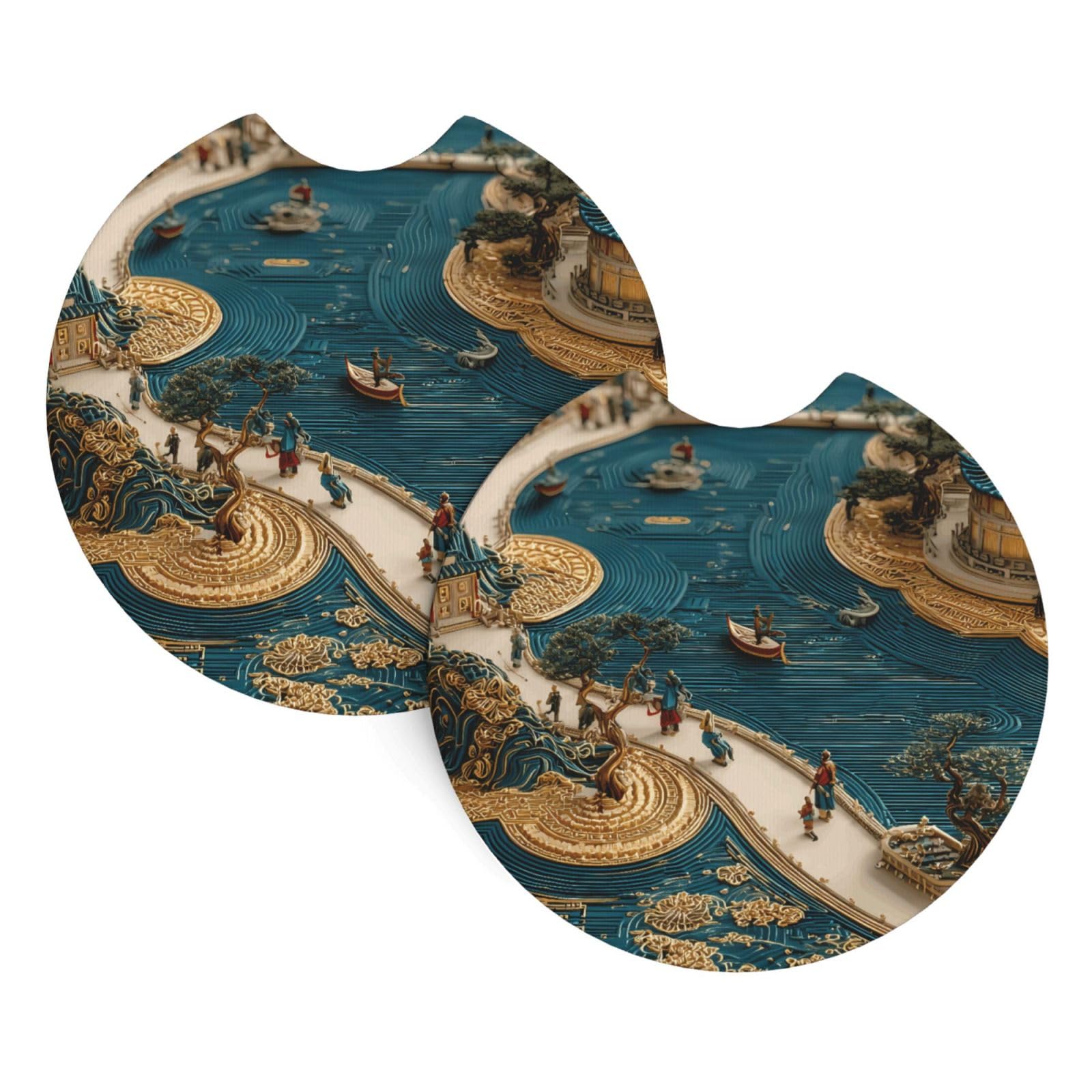 Mountains and Rivers Car Interior Cup Holder Pad 2 PCS Car Coasters Scratch-resistant Odorless for Most Cars