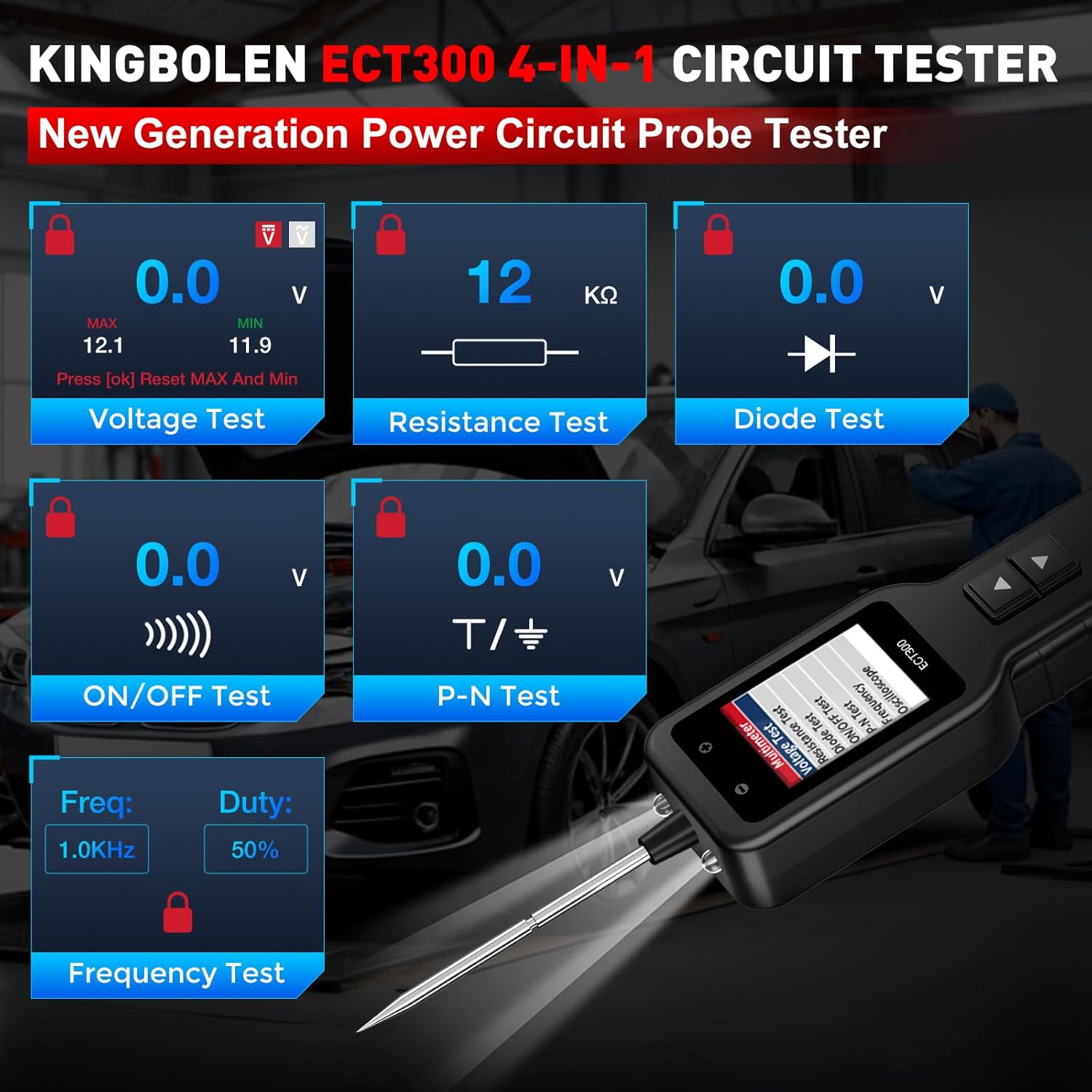 KINGBOLEN ECT300 display showing various multimeter test results including Voltage, Resistance, Diode, ON/OFF, P-N, and Frequency.