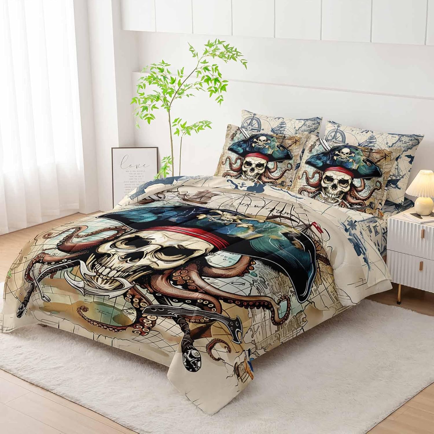 AILONEN 7 Pieces Reversible Bed in a Bag Full Size - Pirate Skull Comforter Set Nautical Map Anchor Bedding for Boys All-Season Microfiber Set with Sheets