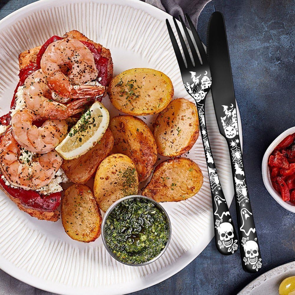 20-pcs Flatware Set, Gothic Skull Silverware Set for 4, Skeleton Flower Unique Pattern Design, Knives/Forks/Spoons Cutlery Set Halloween Event Tableware Utensils, Black