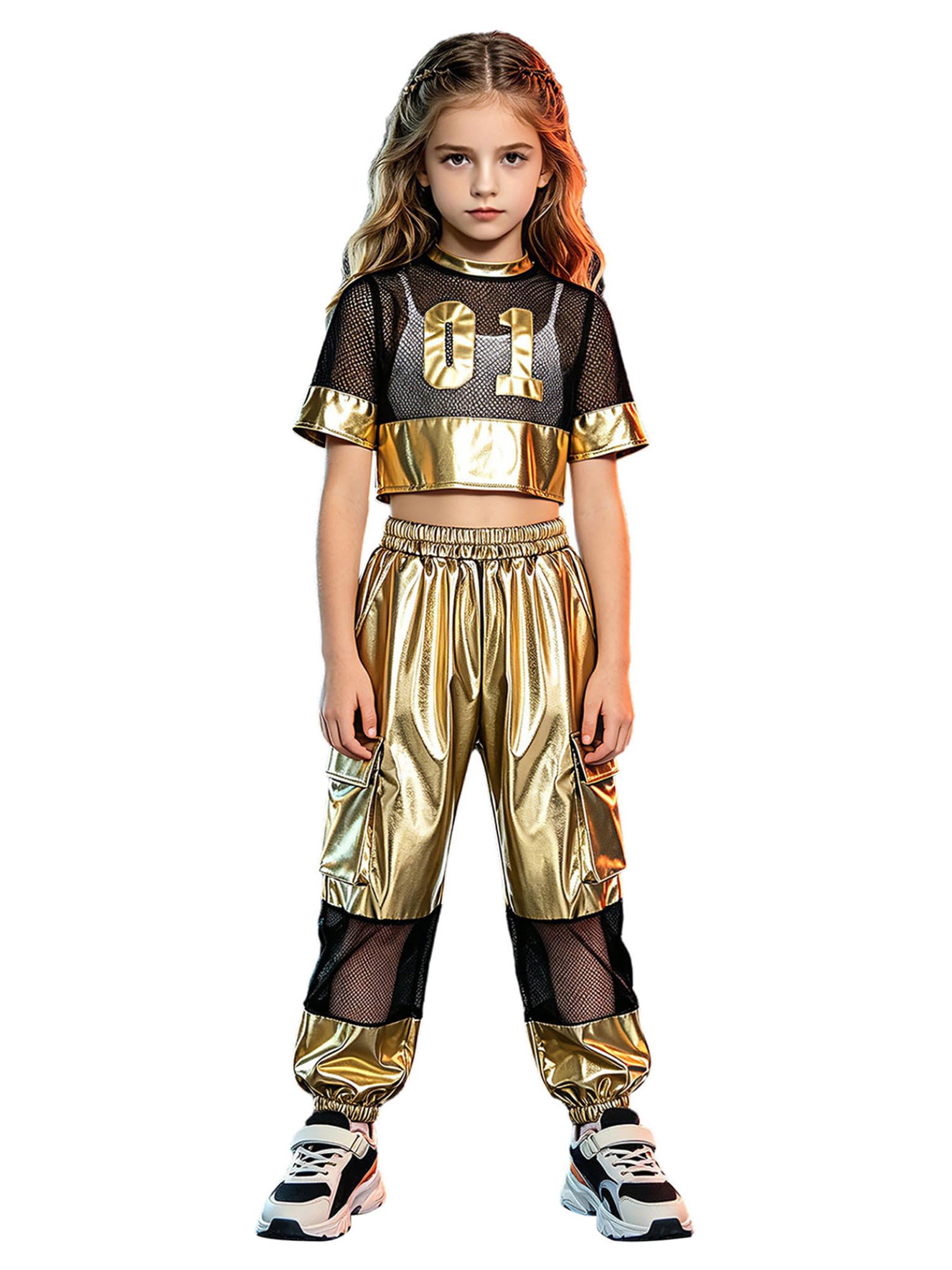 Tanzoutfits dziewczęcy dziecięcy metaliczny hip hop street dance zestaw ubrań