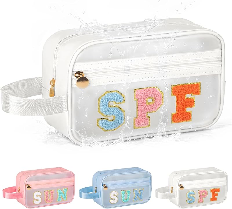 Necessaire transparente Kcjdd com zíper, alça e estampa SUN, branca