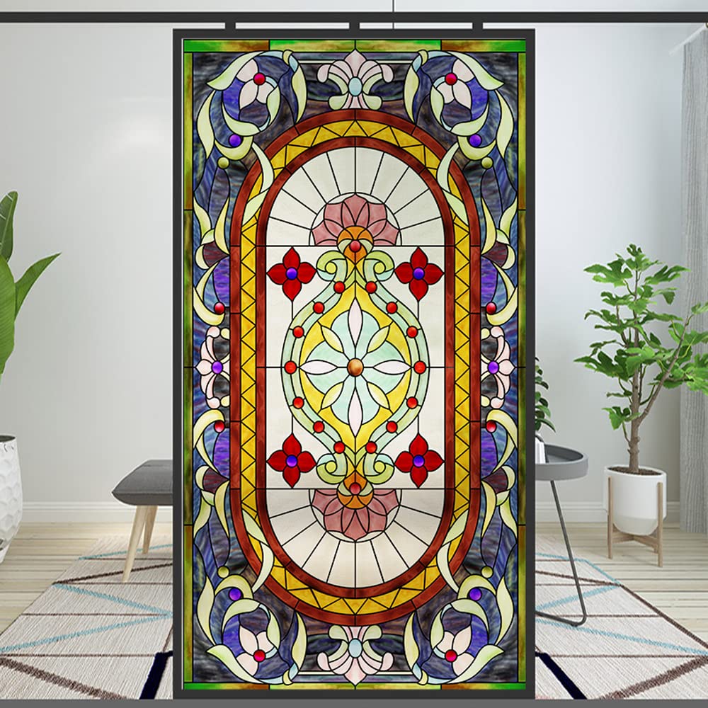 Privacy Windows Film European Church Style Stained Glass Static Cling Decorative Frosted Window Stickers (Pattern 14,23.6"x63"(60x160cm)) — image 1