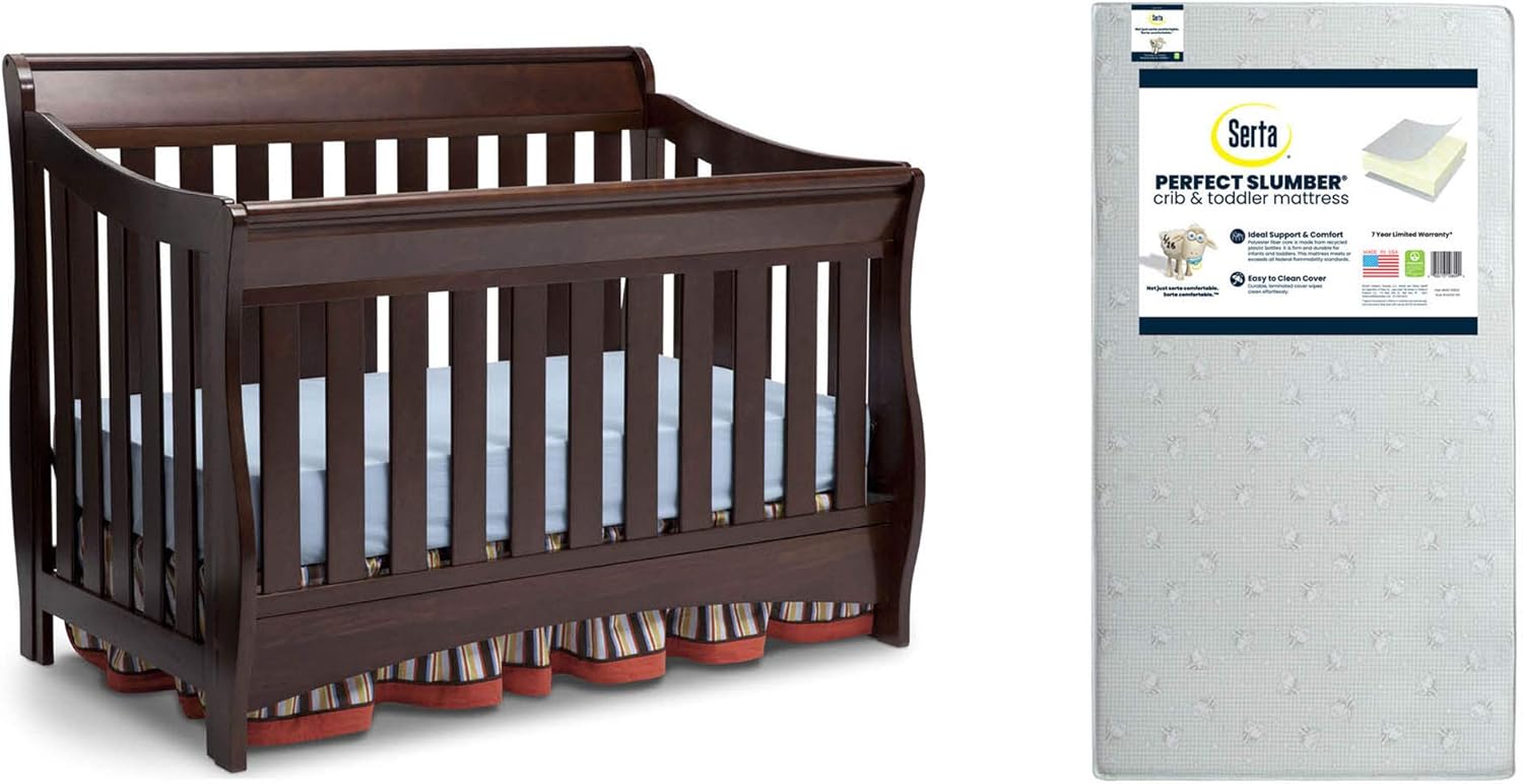 Delta Children Bentley S Series 4-in-1 Crib, Chocolate + Serta Perfect Slumber Dual Sided Recycled Fiber Core Crib and Toddler Mattress (Bundle)