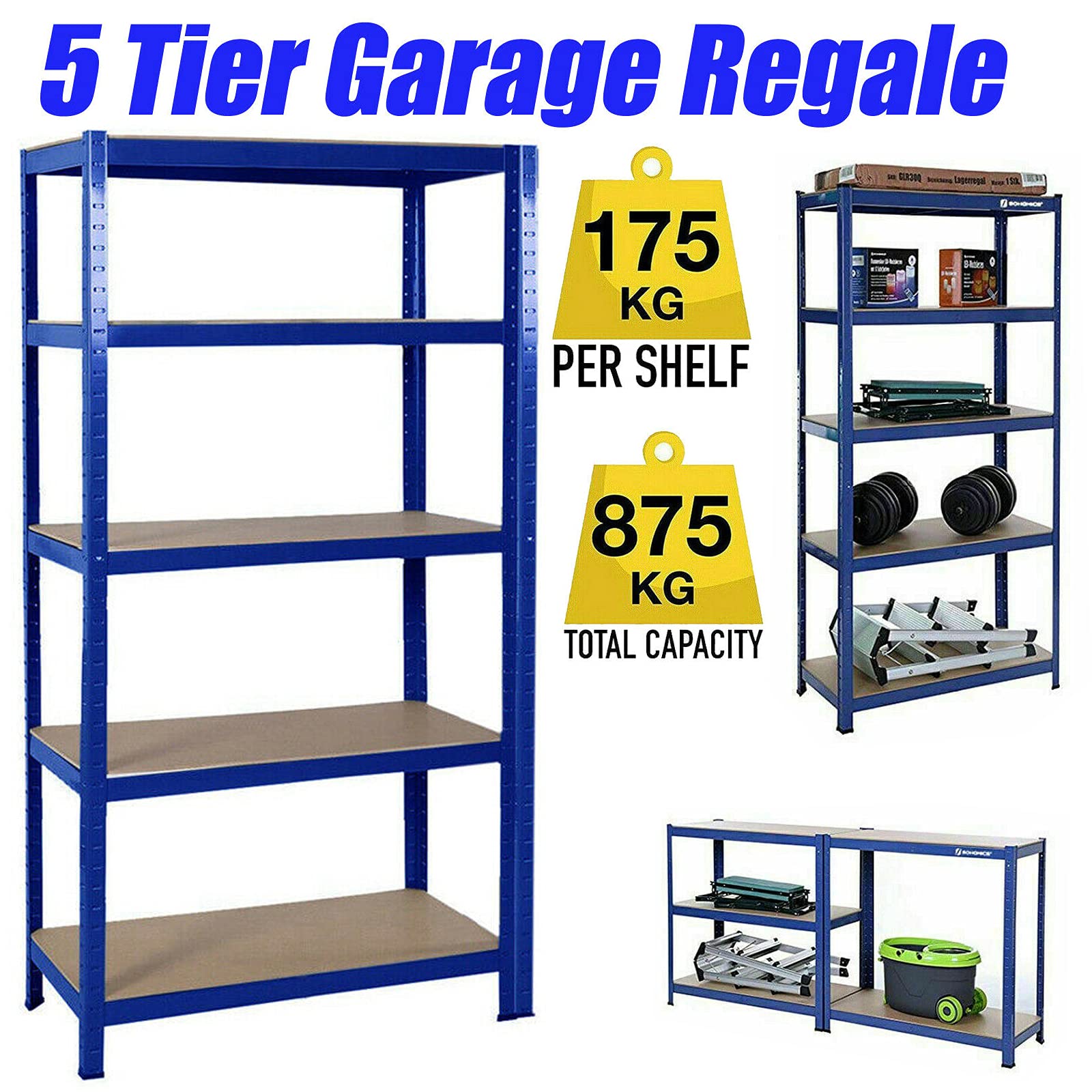 Scaffalatura per cantina con 5 ripiani regolabili, 200 x 100 x 50 cm, portata fino a 875 kg, design senza bulloni, facile da montare per garage, officina, dispensa, colore: blu