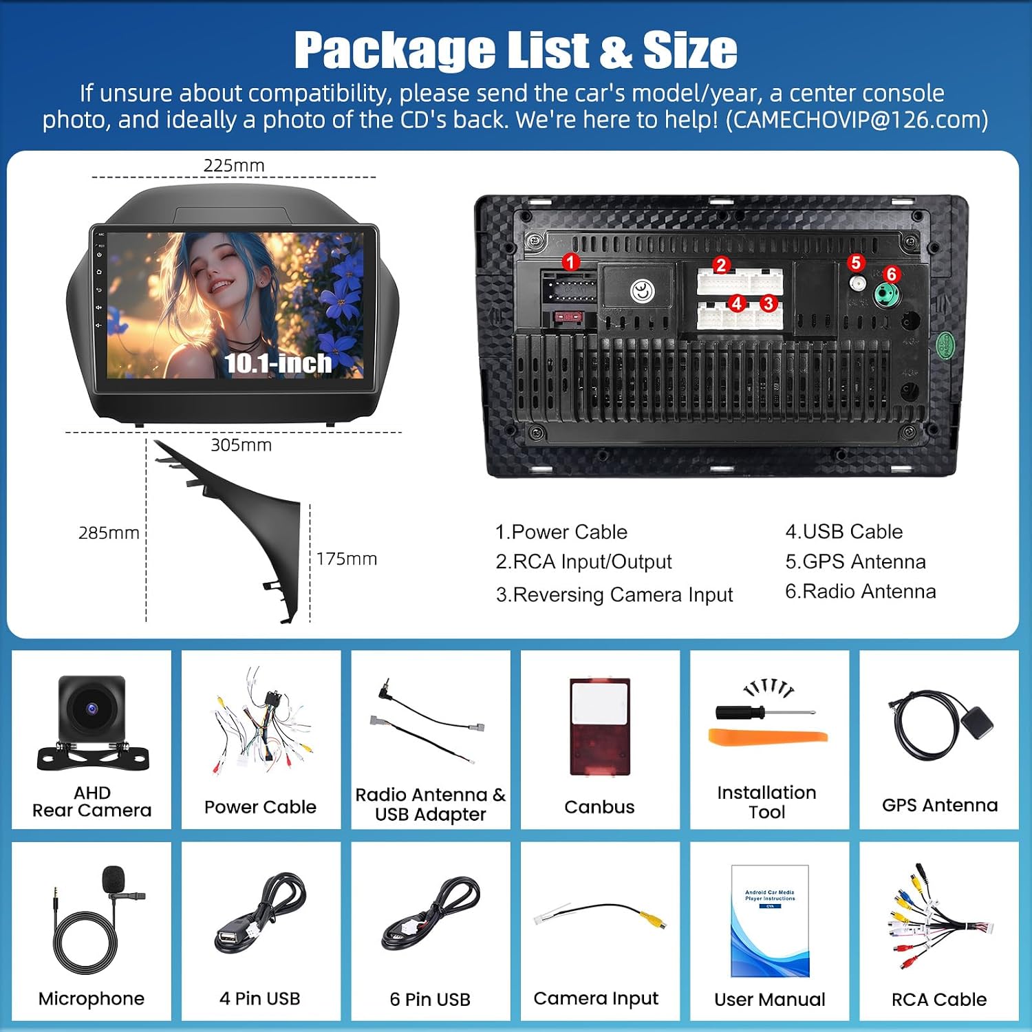 CAMECHO Android Car Stereo package list and dimensions