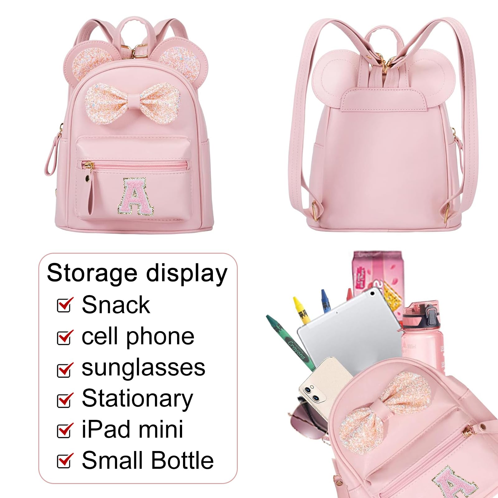 CALLPIONEER Initial Mini Backpack for Women, Pu Leather Shoulder Backpack Purse for Travel Small Daypacks with Lettering Design, Gifts for Women, Pink (Letter A)
