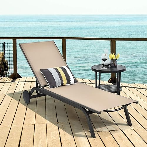 Miniatura 2 de Tangkula Tumbona de aluminio para exteriores, silla reclinable para patio con 6 respaldos ajustables, tumbona reclinable con ruedas para playa,