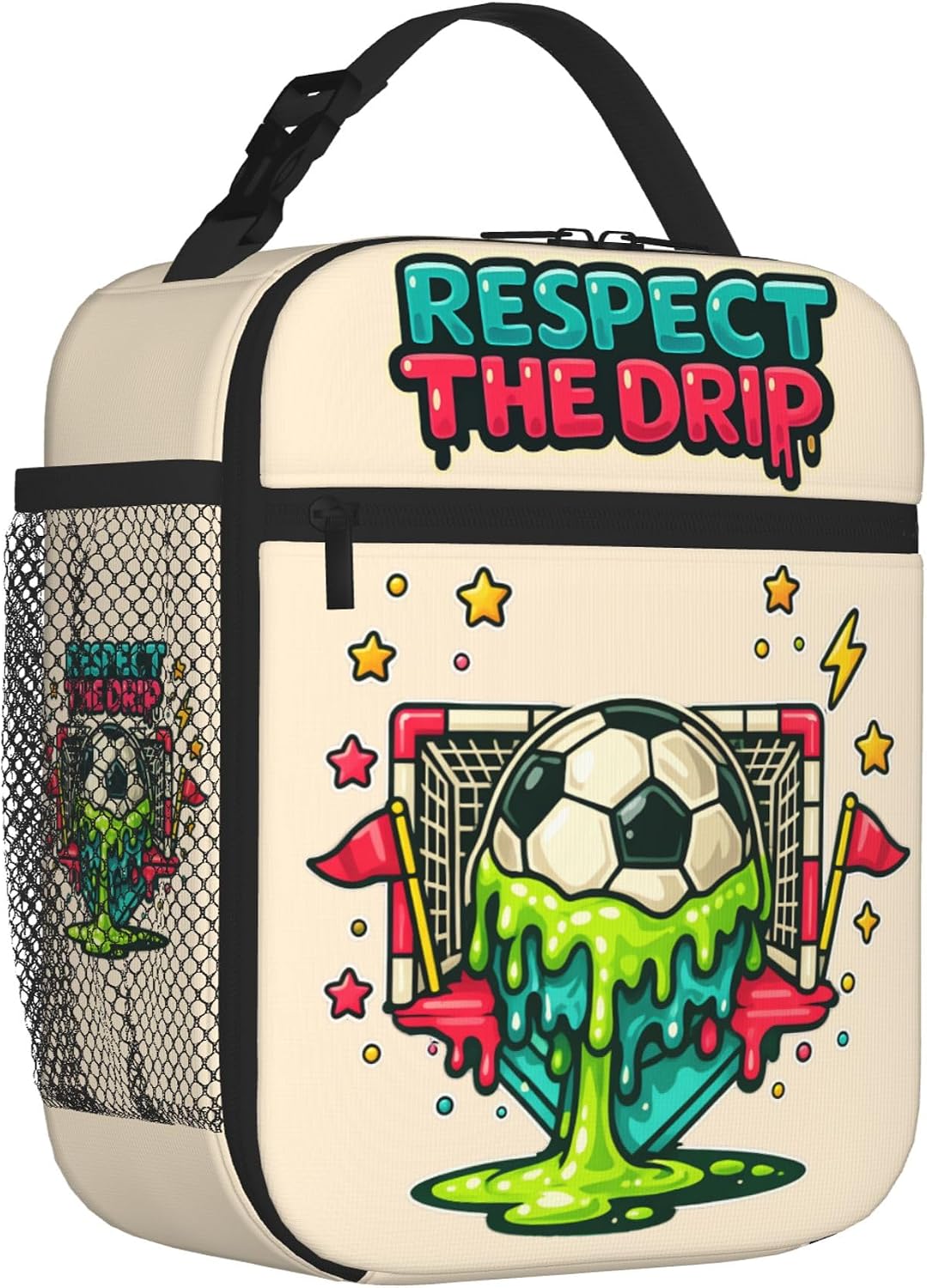 Respect The Drip Soccer Lunch Box for Boys, Cool Soccer Ball Insulated Lunch Bag with Bottle Pocket, Kids Teen Youth Lunch Tote for School, Sports, Work & Travel